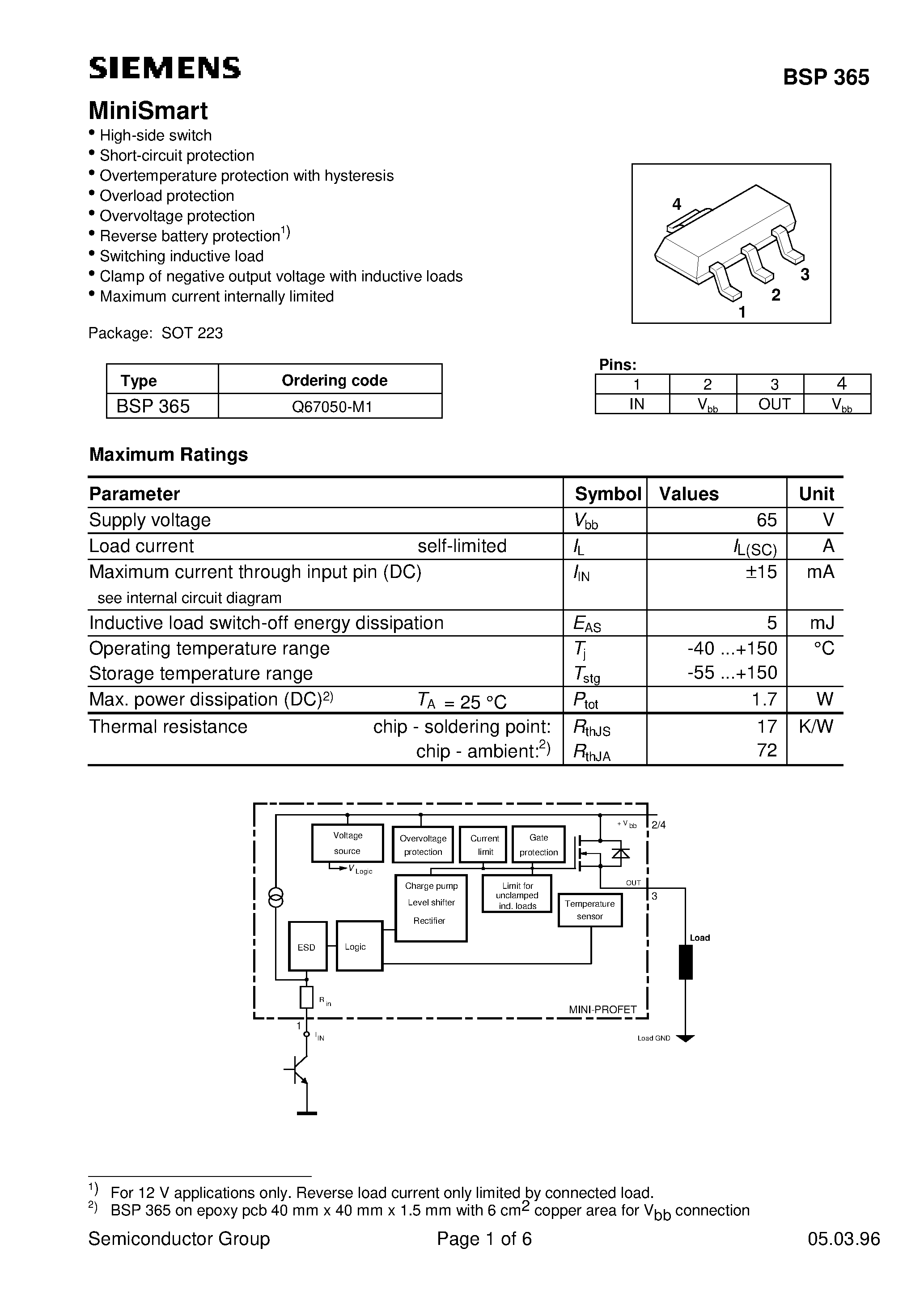 Даташит на микросхему BSP365 страница 1 Даташит BSP365 - MiniSmart(High-side switch Short-circuit protection Overtemperature protection with hysteresis) страница 1