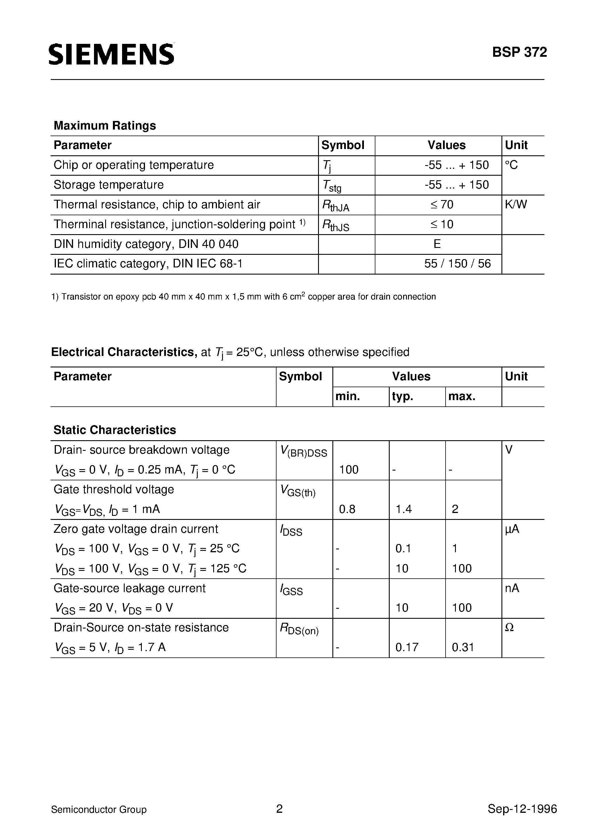 Datasheet BSP372 - SIPMOS Small-Signal Transistor (N channel Enhancement mode Logic Level Avalanche rated page 2