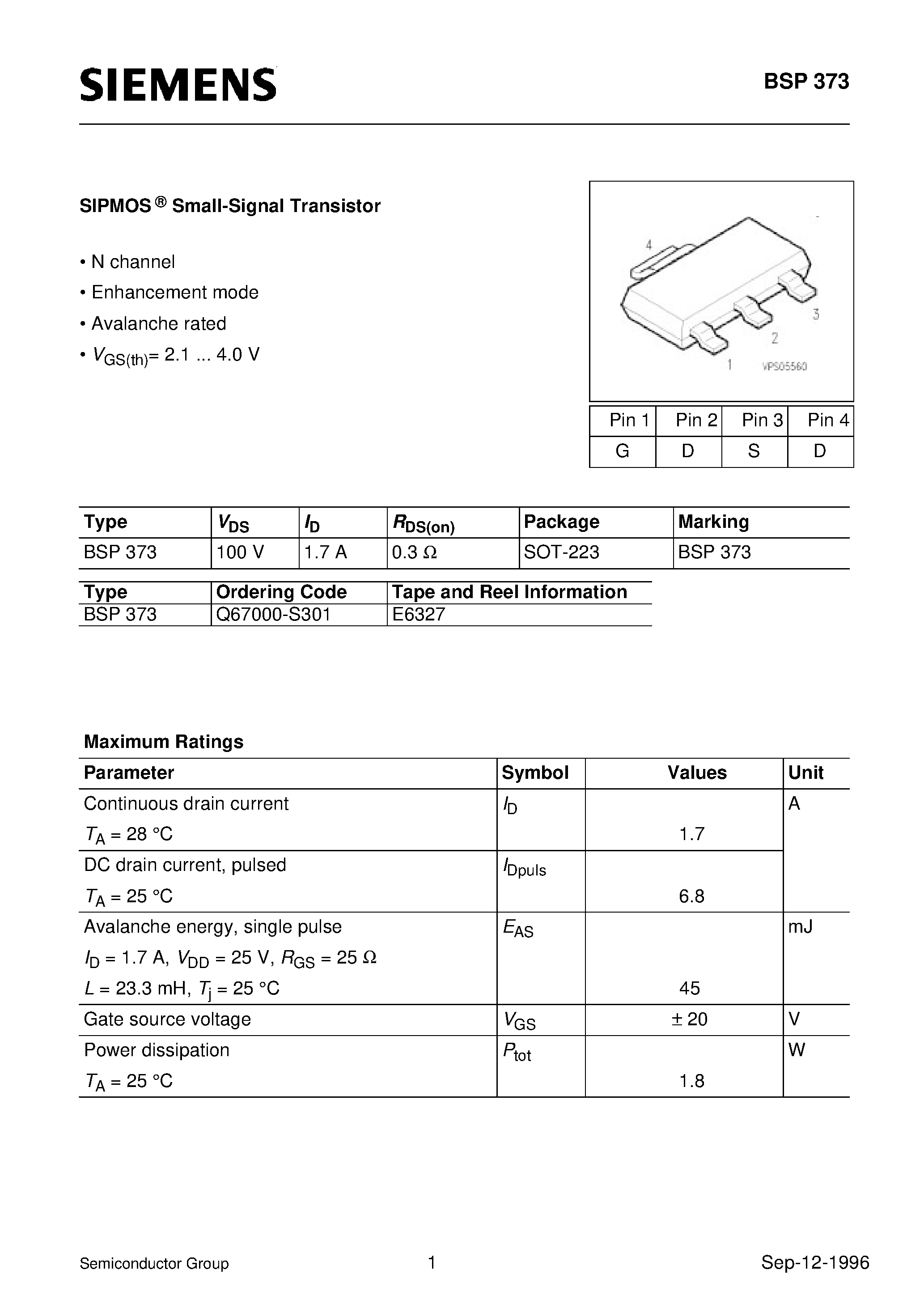 Datasheet BSP373 - SIPMOS Small-Signal Transistor (N channel Enhancement mode Avalanche rated) page 1