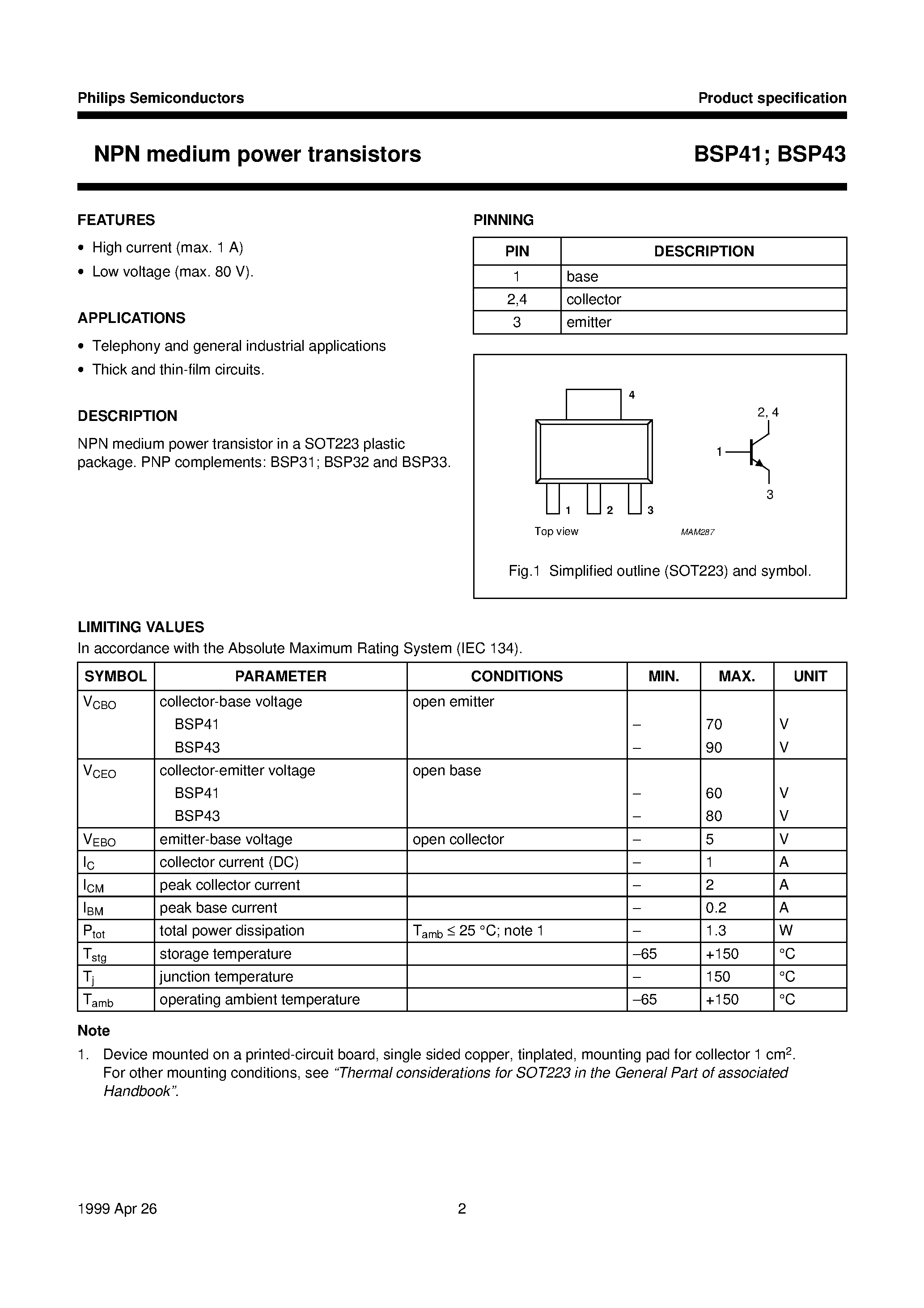 Даташит BSP41 - NPN medium power transistors страница 2