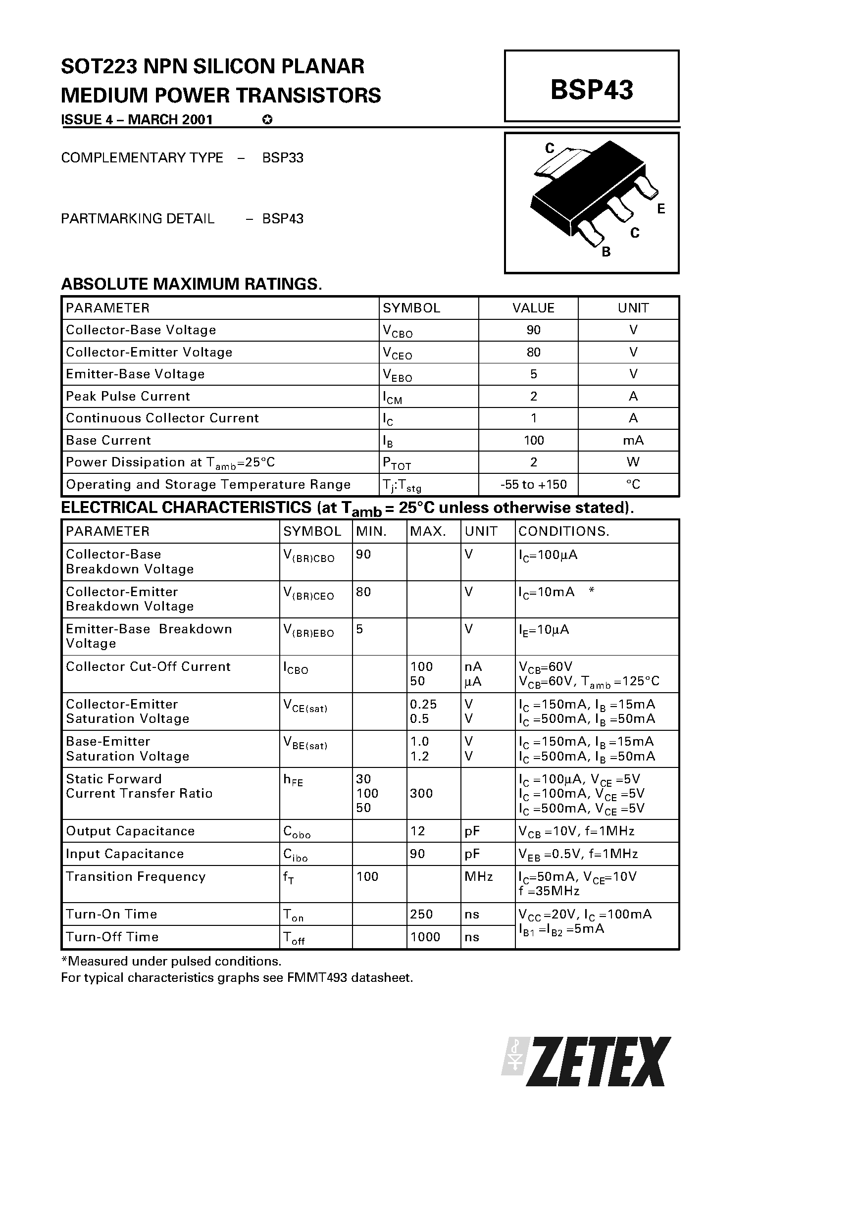 Даташит BSP43 - NPN SILICON PLANAR MEDIUM POWER TRANSISTORS страница 1