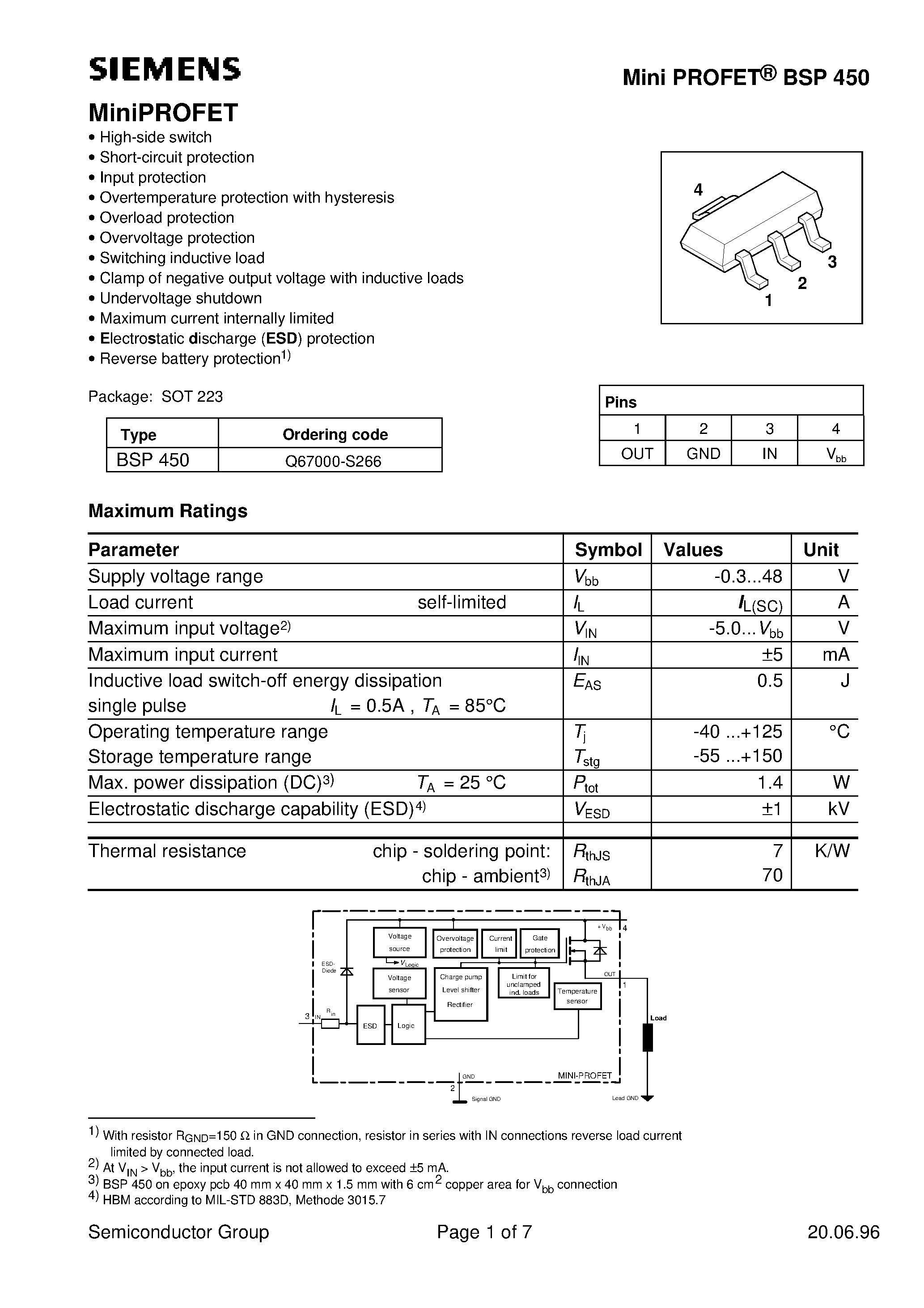 Даташит на микросхему BSP450 страница 1 Даташит BSP450 - MiniPROFET(High-side switch Short-circuit protection Input protection Overtemperature protection with hysteresis) страница 1