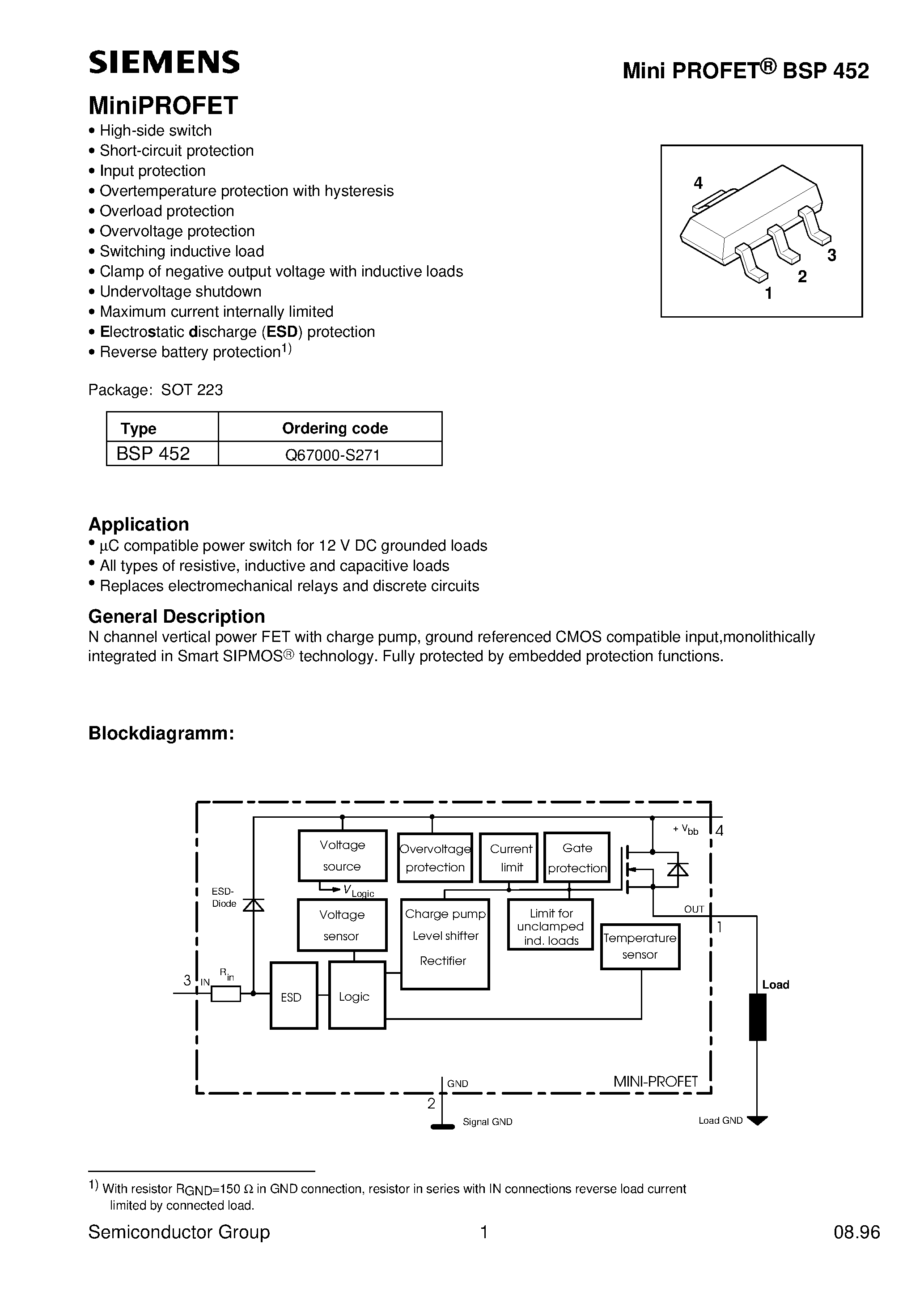 Даташит на микросхему BSP452 страница 1 Даташит BSP452 - MiniPROFET (High-side switch Short-circuit protection Input protection Overtemperature protection with hysteresis) страница 1