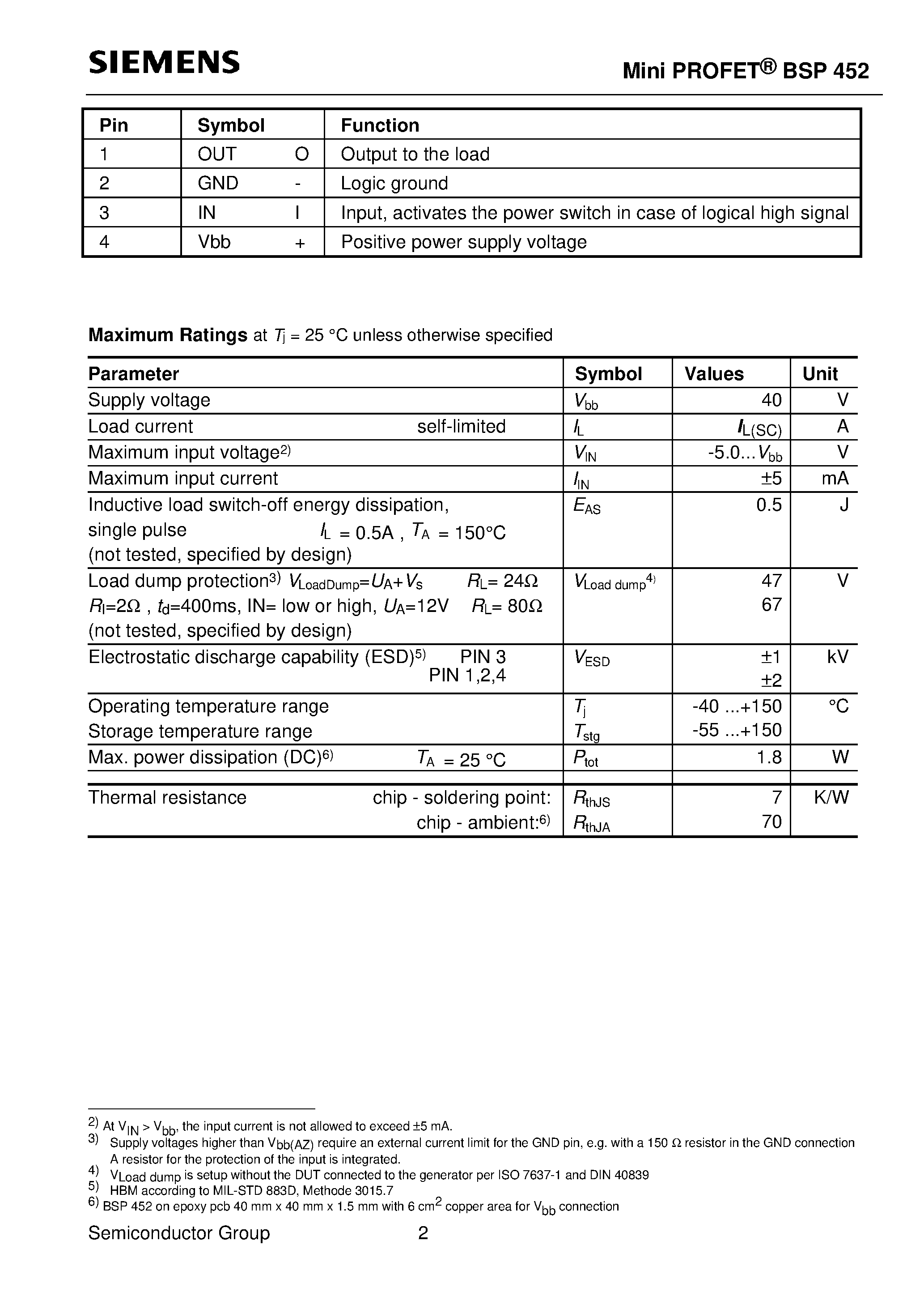 Даташит на микросхему BSP452 страница 2 Даташит BSP452 - MiniPROFET (High-side switch Short-circuit protection Input protection Overtemperature protection with hysteresis) страница 2