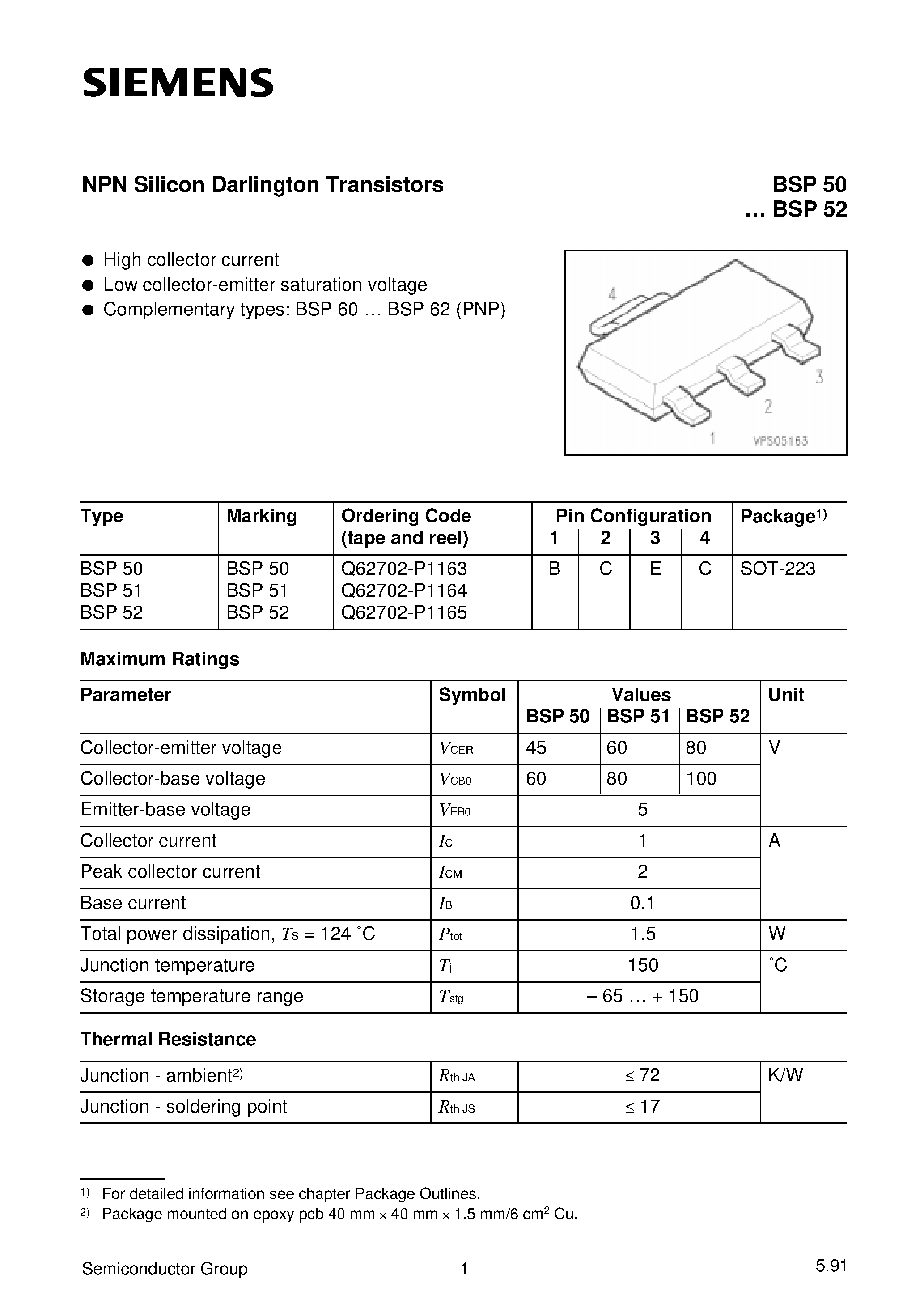 Даташит BSP50 - NPN Silicon Darlington Transistors (High collector current Low collector-emitter saturation voltage) страница 1
