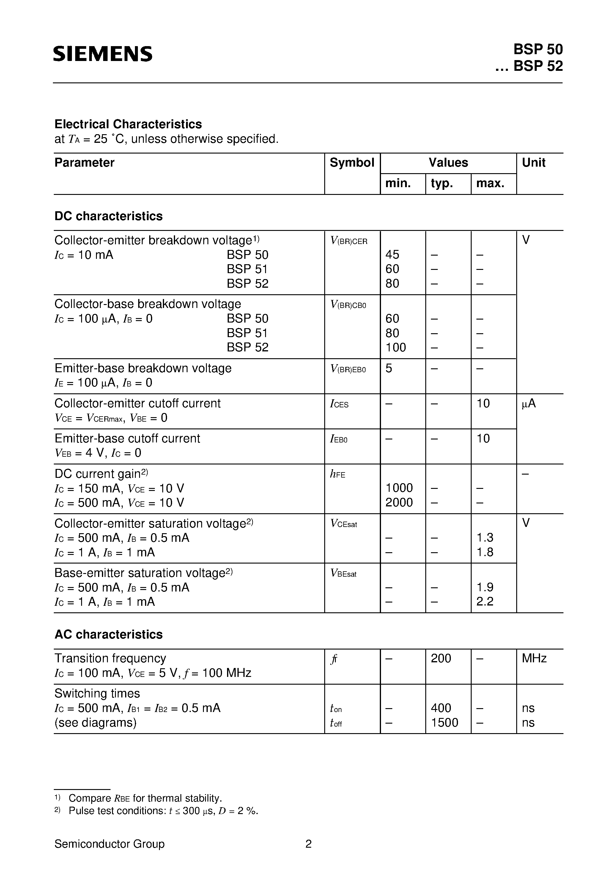 Даташит BSP50BSP52 - NPN Silicon Darlington Transistors (High collector current Low collector-emitter saturation voltage) страница 2