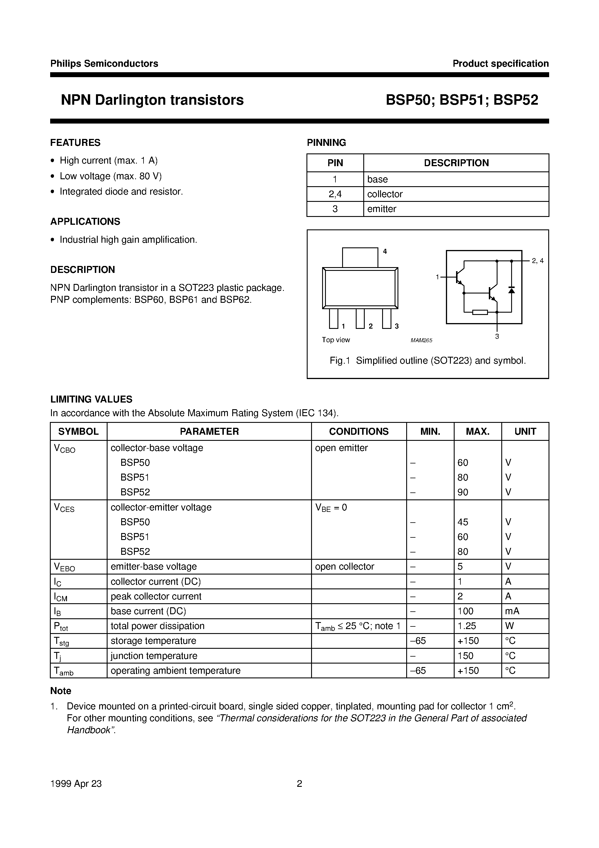 Даташит BSP52 - NPN Darlington transistors страница 2
