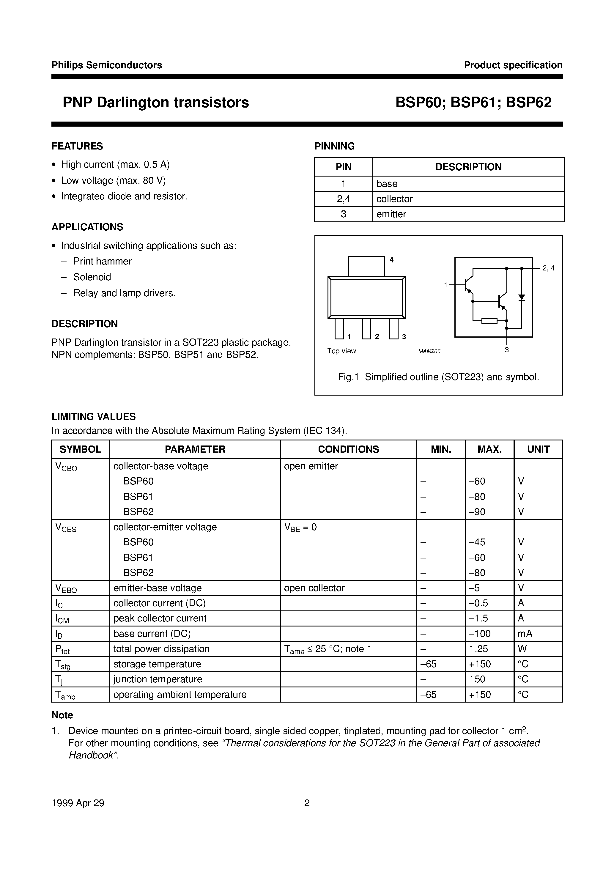 Даташит BSP60 - PNP Darlington transistors страница 2