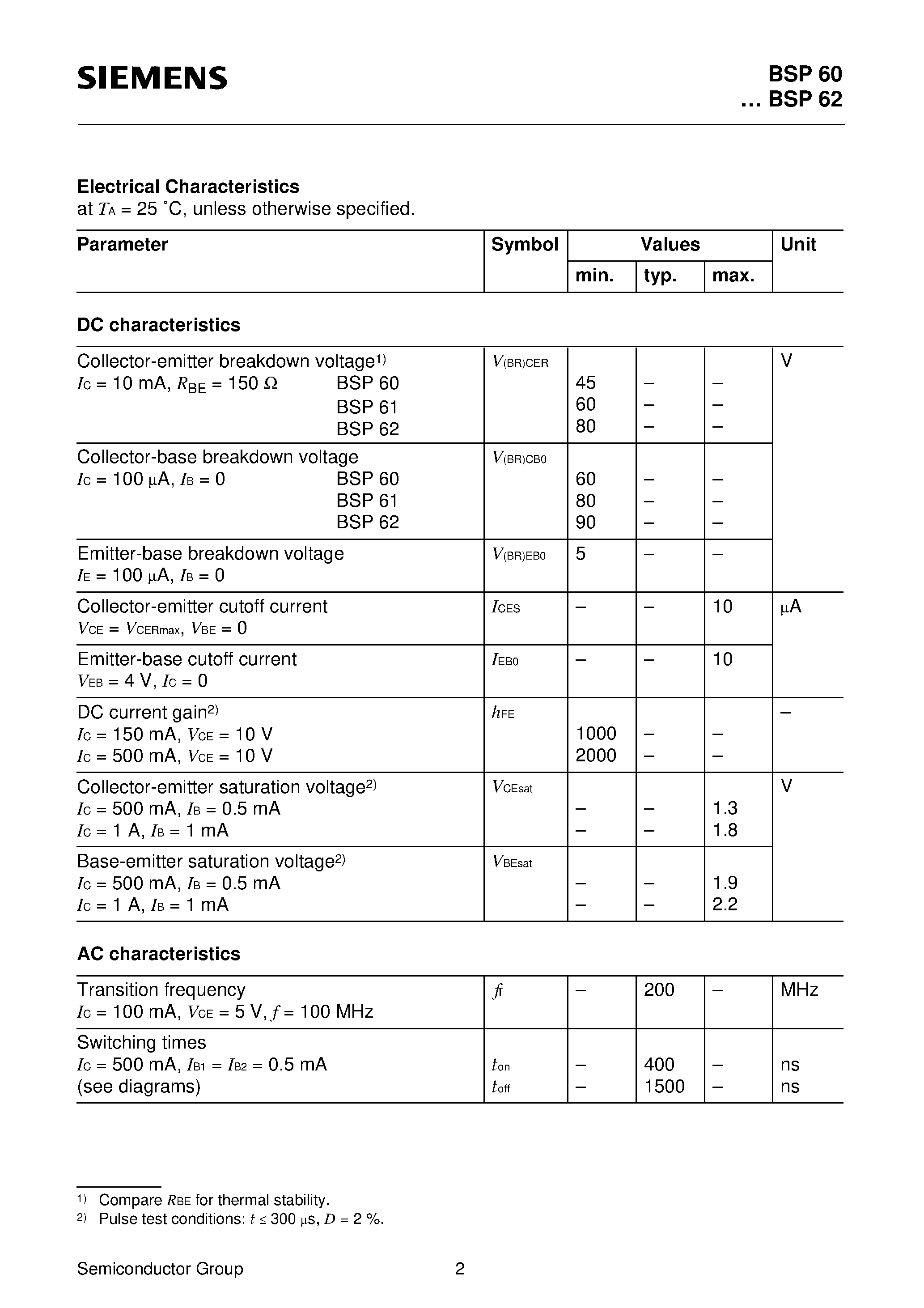 Даташит BSP61 - PNP Silicon Darlington Transistors (High collector current Low collector-emitter saturation voltage) страница 2