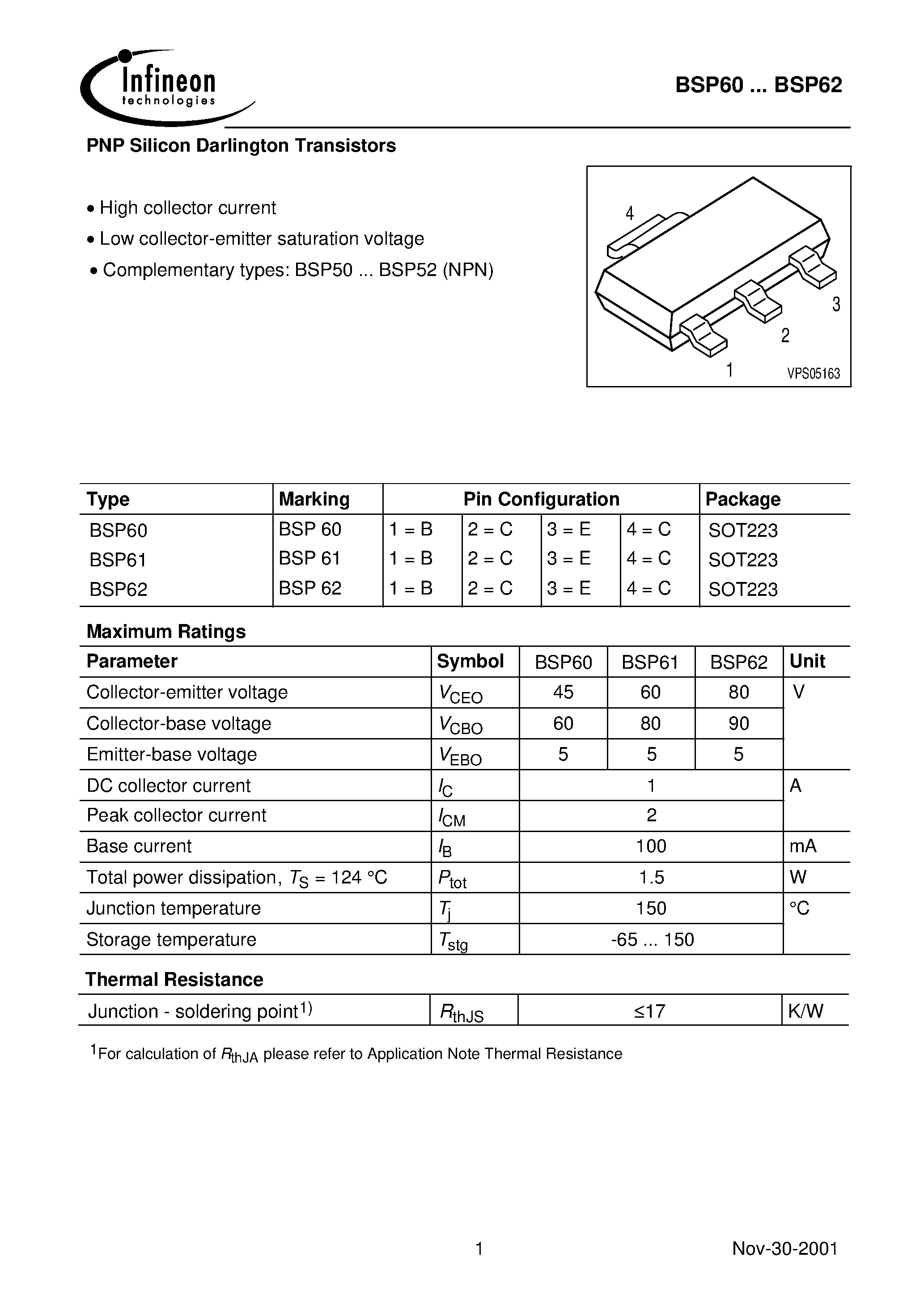Даташит BSP61 - PNP Silicon Darlington Transistors страница 1