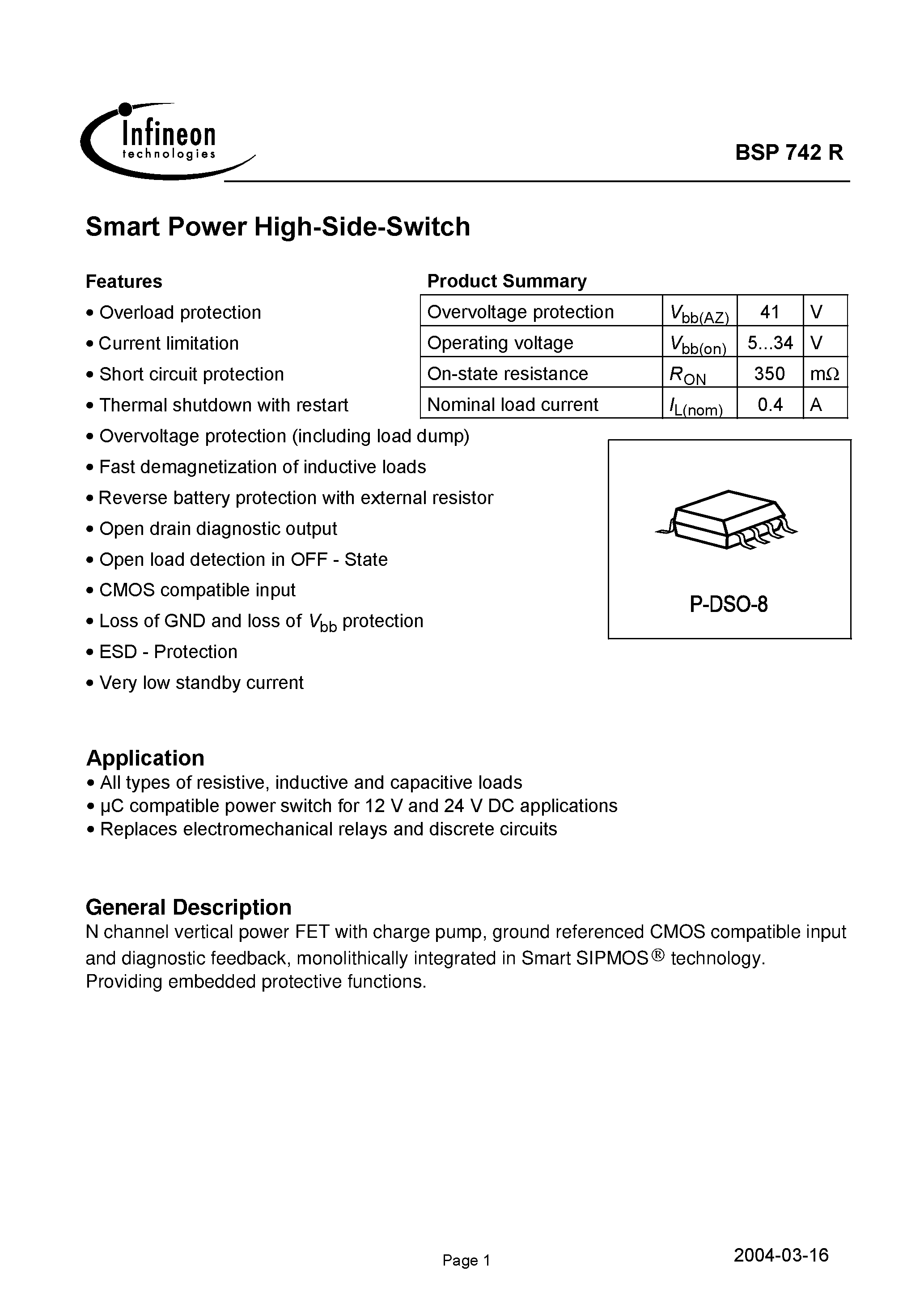 Даташит на микросхему BSP742R страница 1 Даташит BSP742R - Smart Power High-Side-Switch страница 1