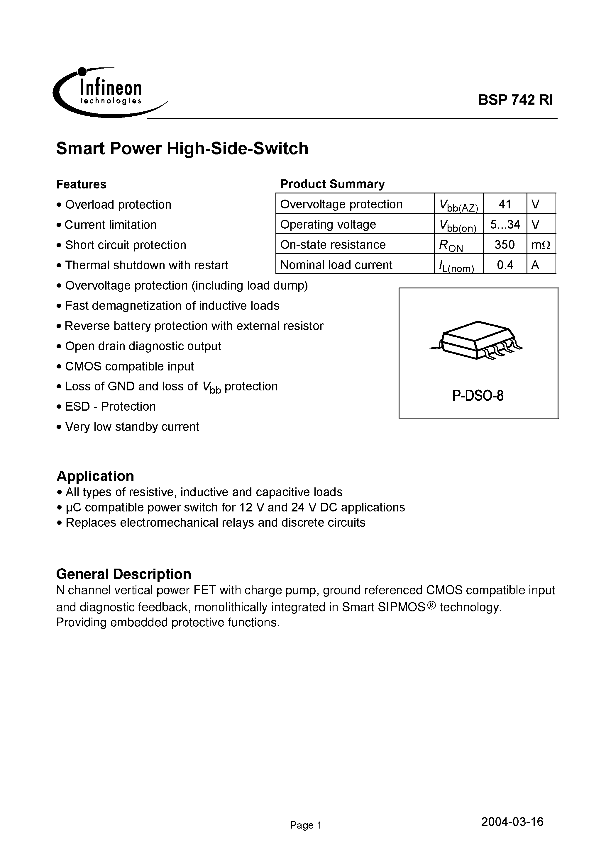 Даташит BSP742RI - Smart Power High-Side-Switch страница 1