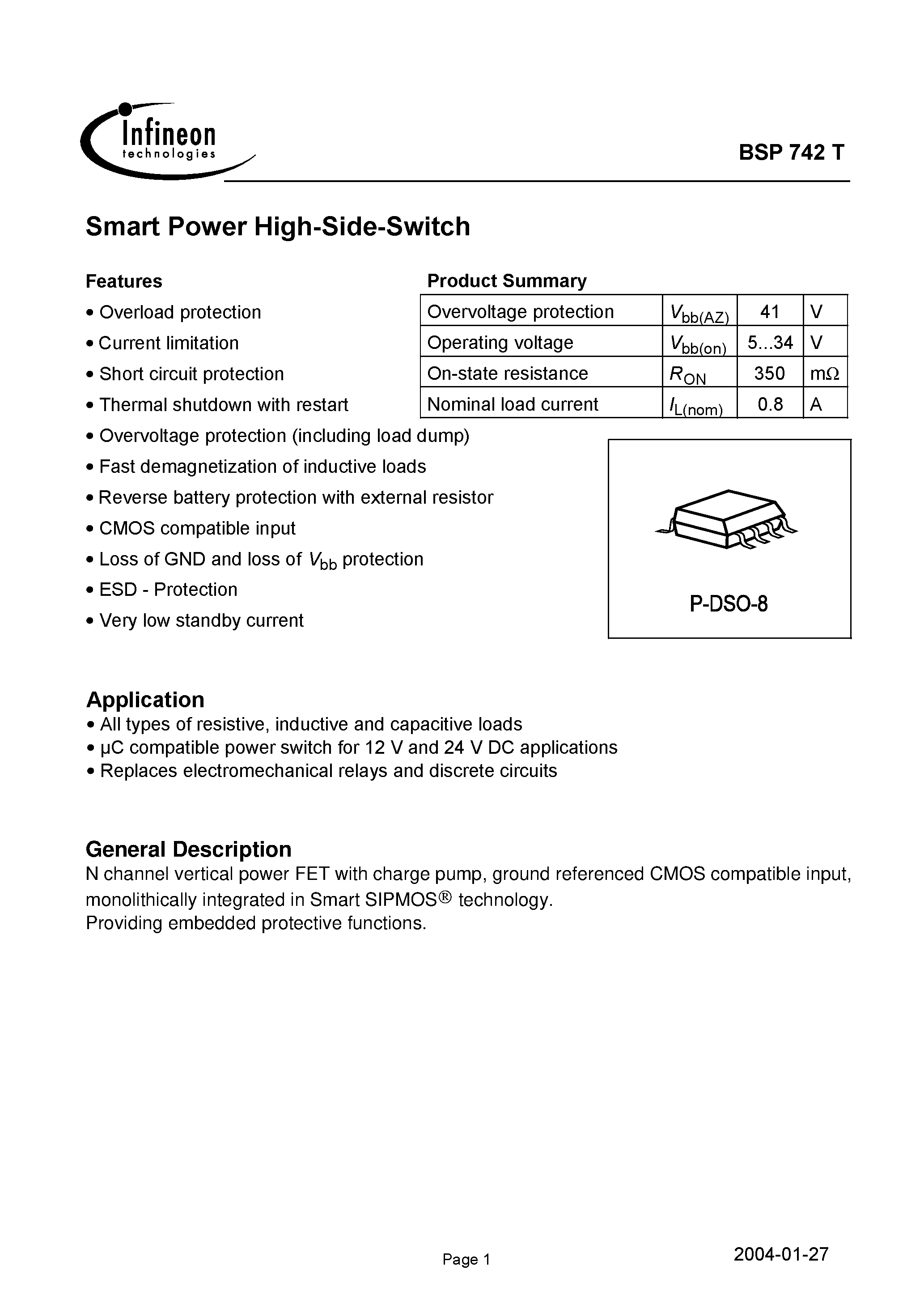 Даташит BSP742T - Smart Power High-Side-Switch страница 1