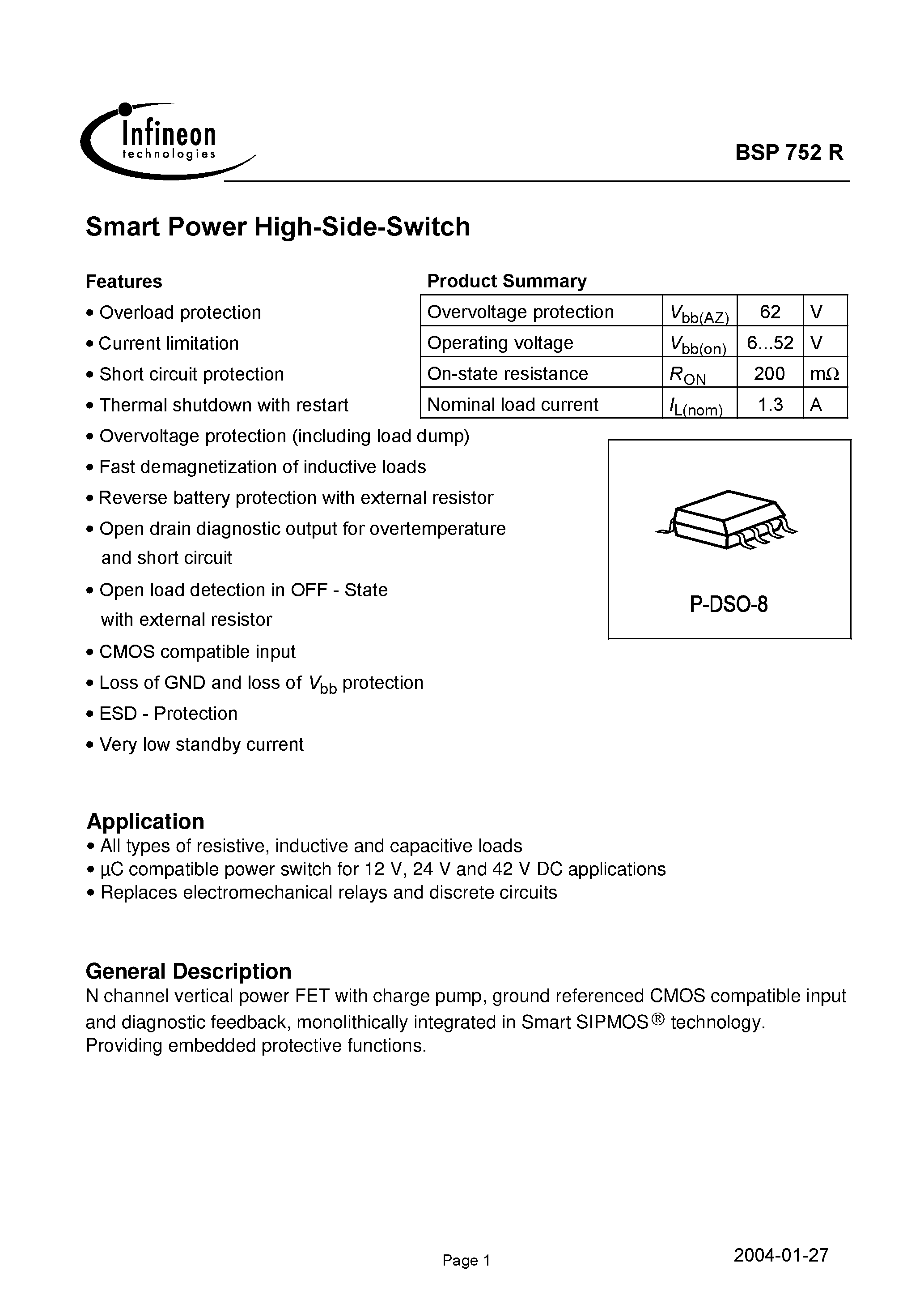 Даташит на микросхему BSP752R страница 1 Даташит BSP752R - Smart Power High-Side-Switch страница 1