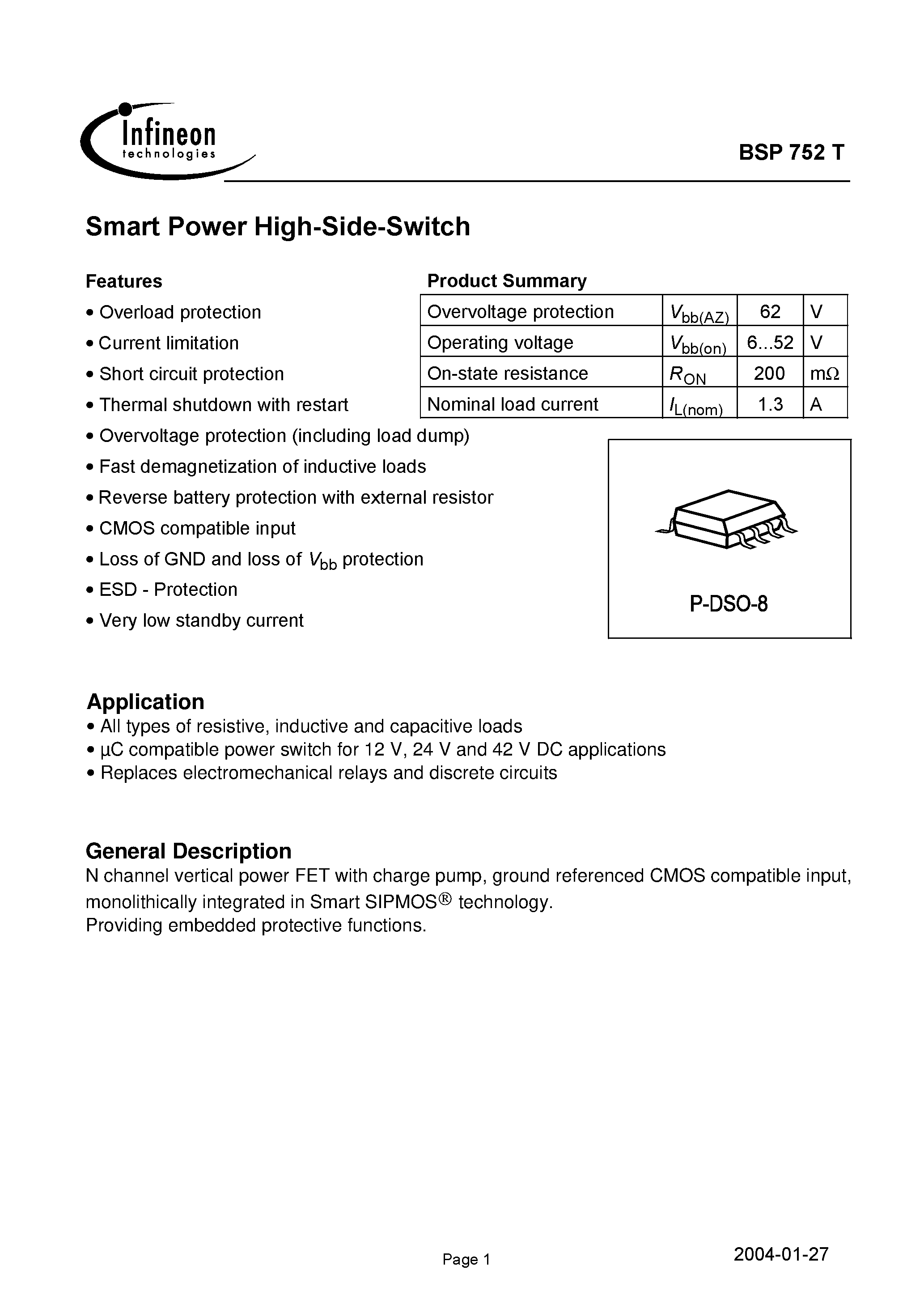 Даташит на микросхему BSP752T страница 1 Даташит BSP752T - Smart Power High-Side-Switch страница 1