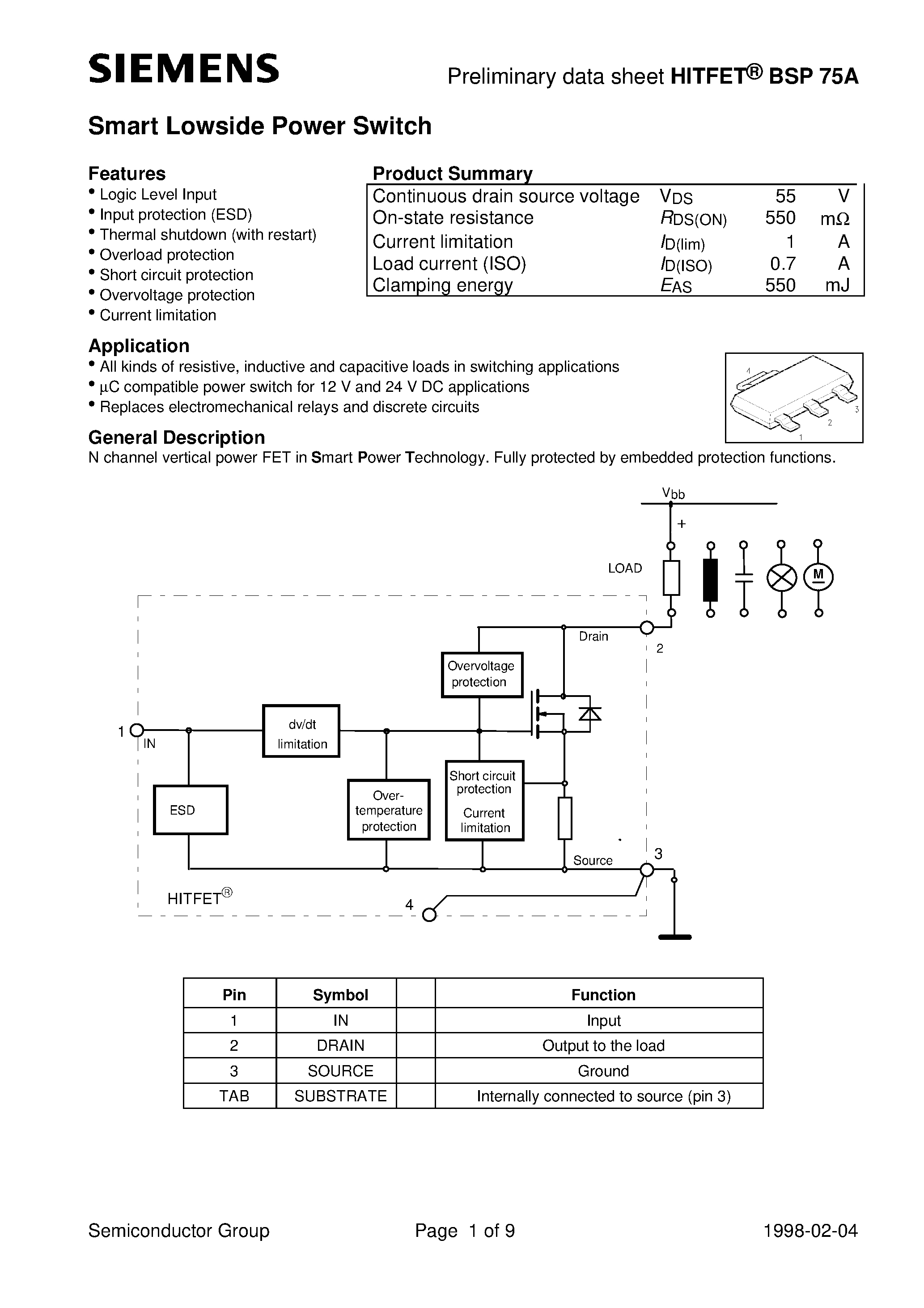 Даташит на микросхему BSP75A страница 1 Даташит BSP75A - Smart Lowside Power Switch (Logic Level Input Input protection ESD Thermal shutdown with restart) страница 1
