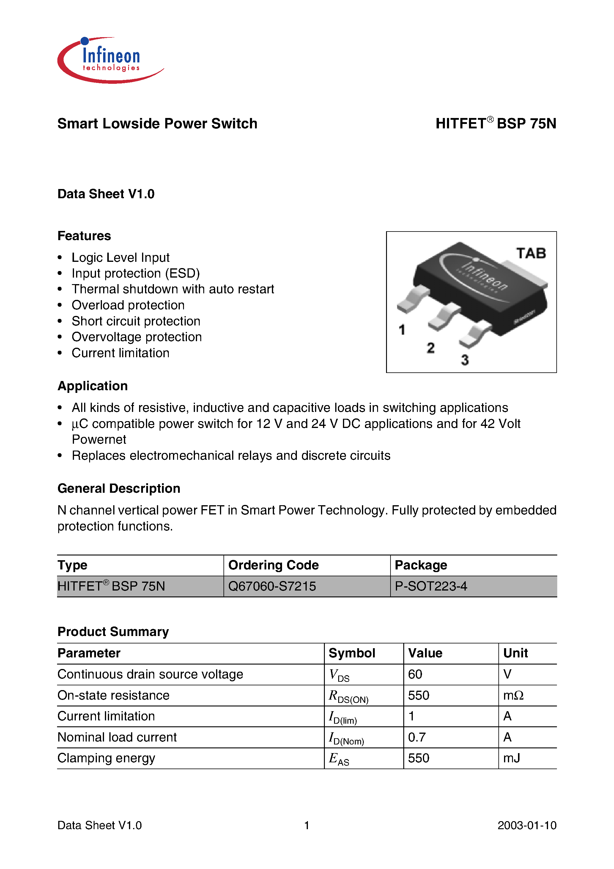 Даташит на микросхему BSP75N страница 1 Даташит BSP75N - Smart Lowside Power Switch страница 1