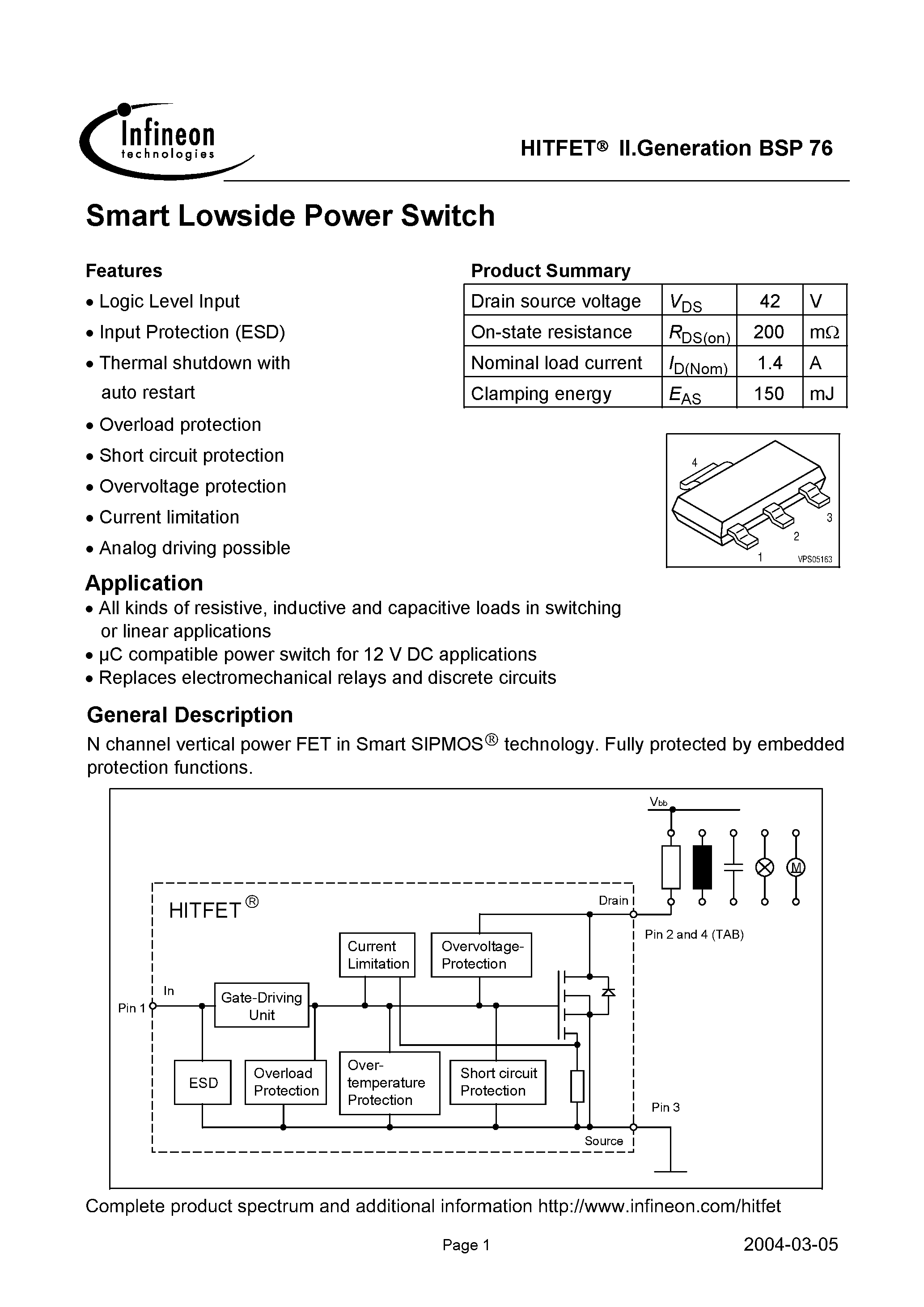 Даташит на микросхему BSP76 страница 1 Даташит BSP76 - Smart Lowside Power Switch страница 1
