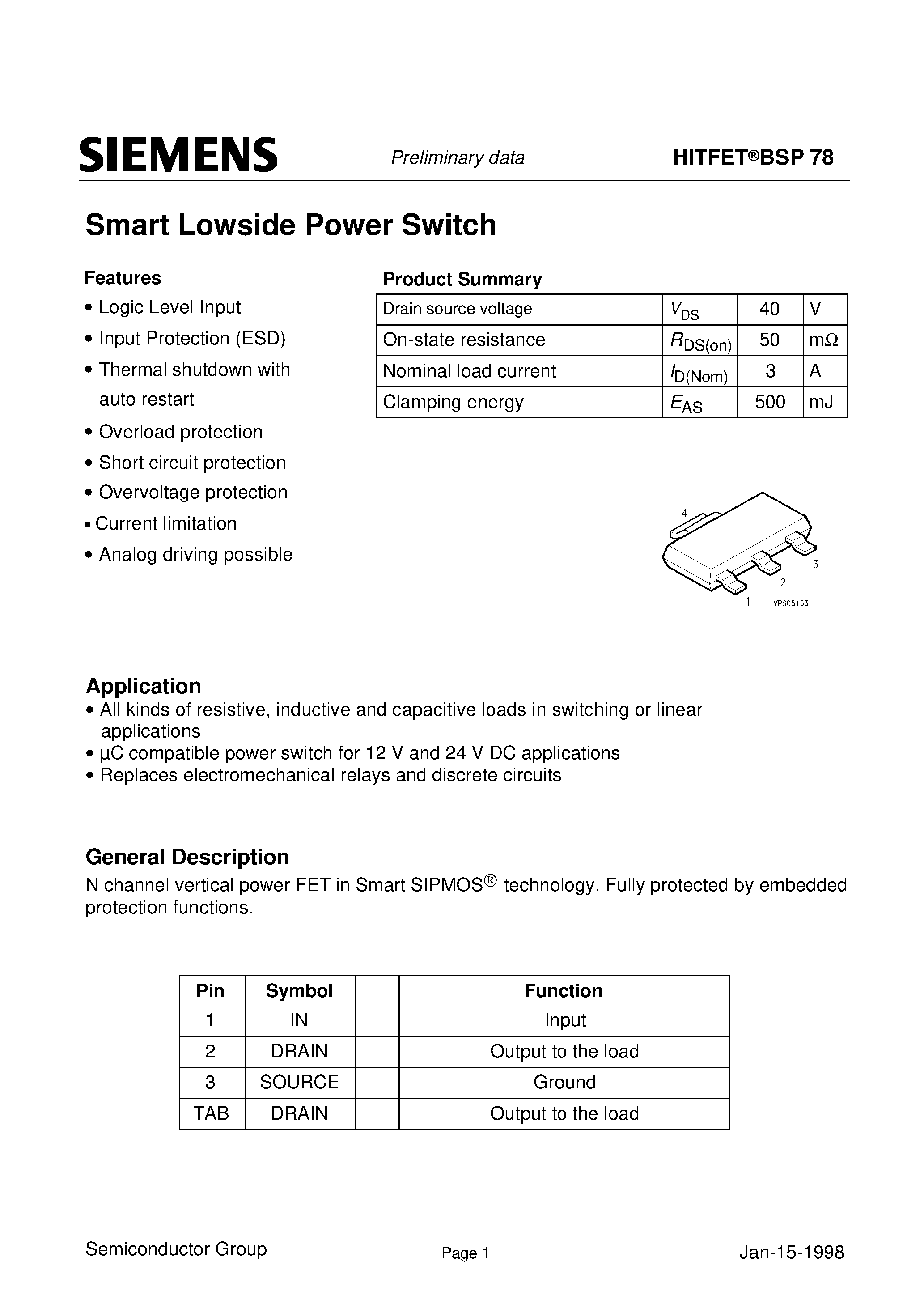 Даташит на микросхему BSP78 страница 1 Даташит BSP78 - Smart Lowside Power Switch (Logic Level Input Input Protection ESD Thermal shutdown with auto restart) страница 1