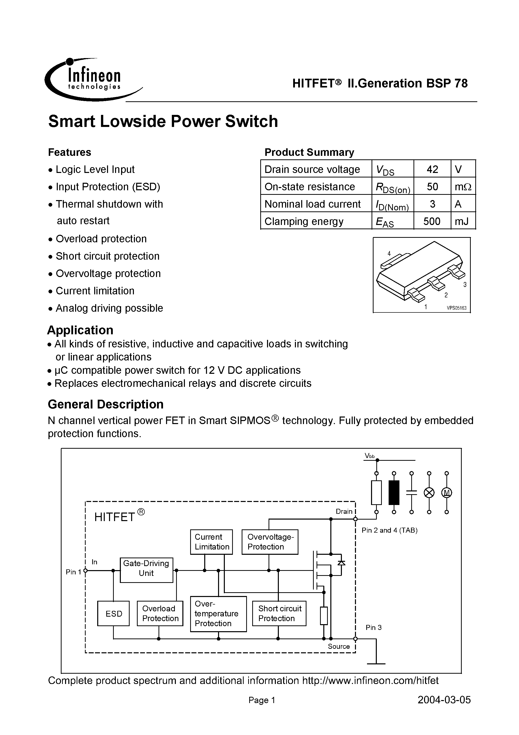 Даташит на микросхему BSP78 страница 1 Даташит BSP78 - Smart Lowside Power Switch страница 1