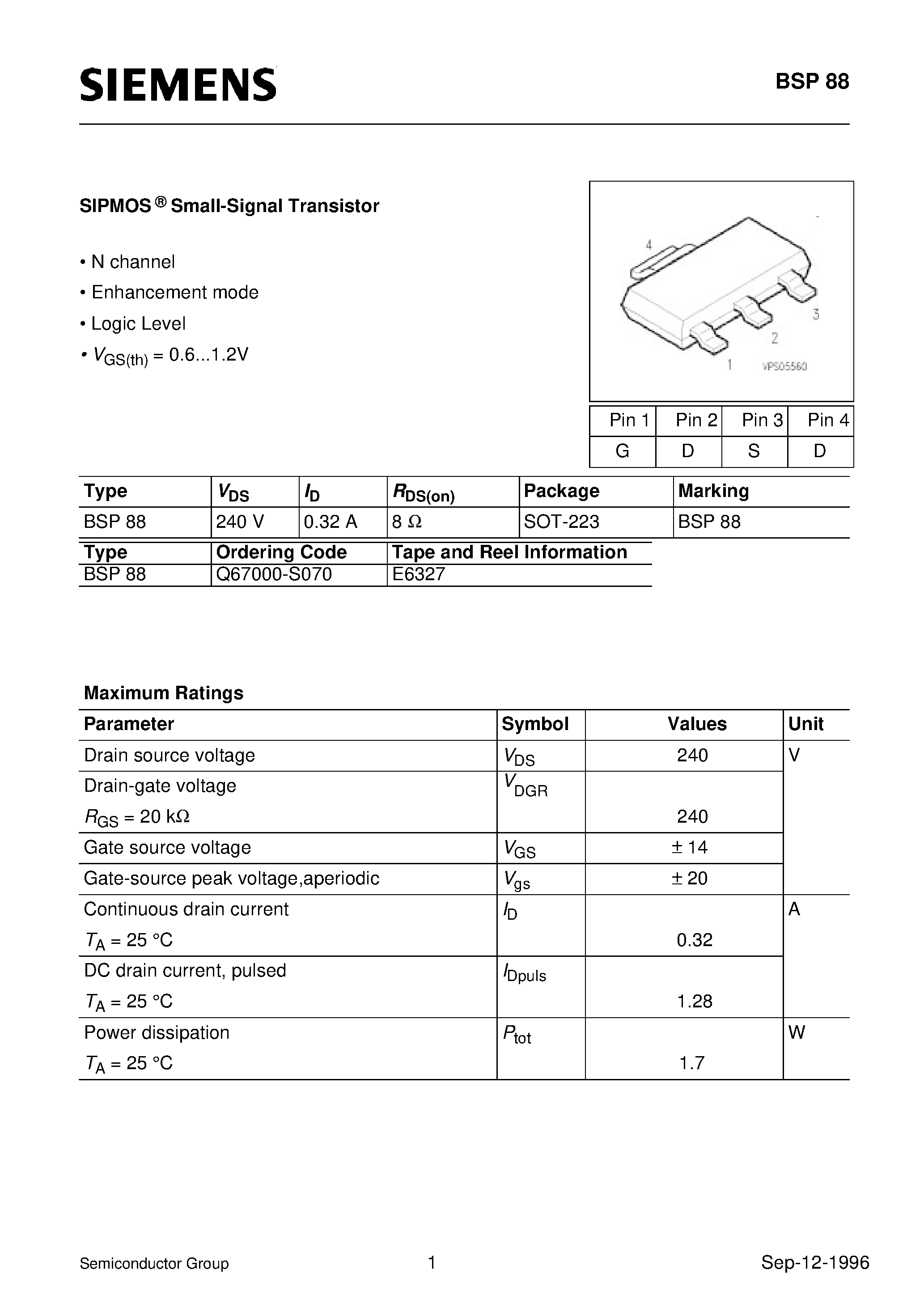 Datasheet BSP88 - SIPMOS Small-Signal Transistor (N channel Enhancement mode Logic Level) page 1