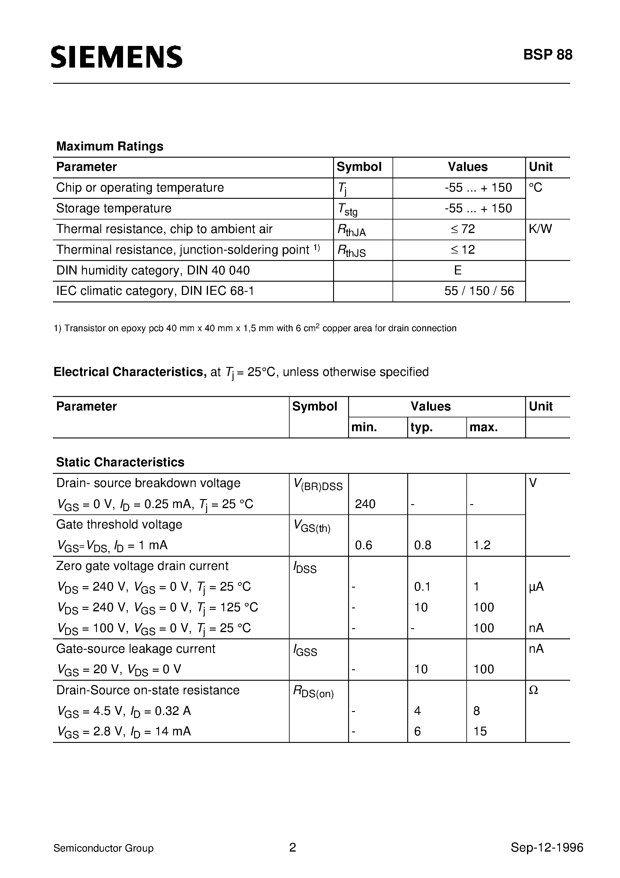 Datasheet BSP88 - SIPMOS Small-Signal Transistor (N channel Enhancement mode Logic Level) page 2