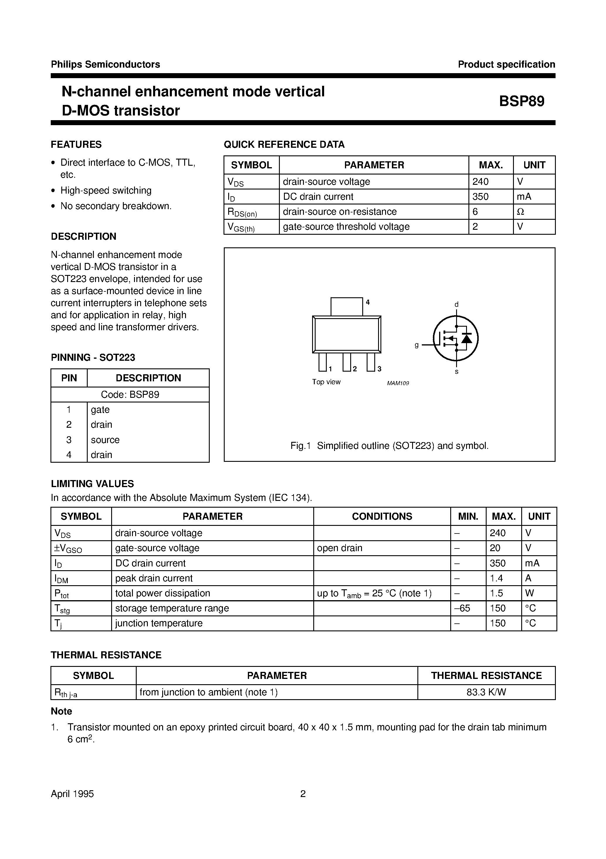 Даташит на микросхему BSP89 страница 2 Даташит BSP89 - N-channel enhancement mode vertical D-MOS transistor страница 2