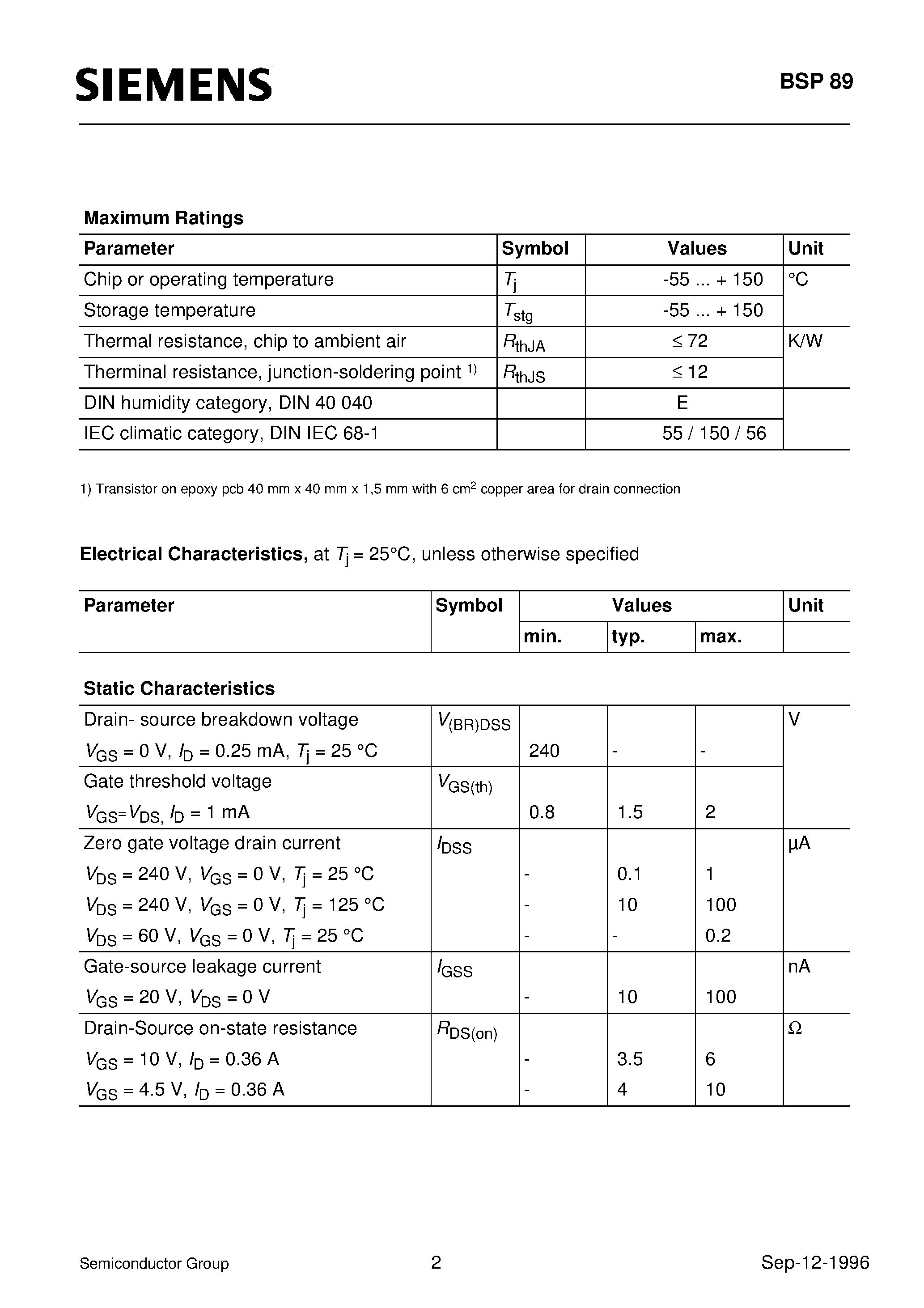 Datasheet BSP89 - SIPMOS Small-Signal Transistor (N channel Enhancement mode Logic Level) page 2