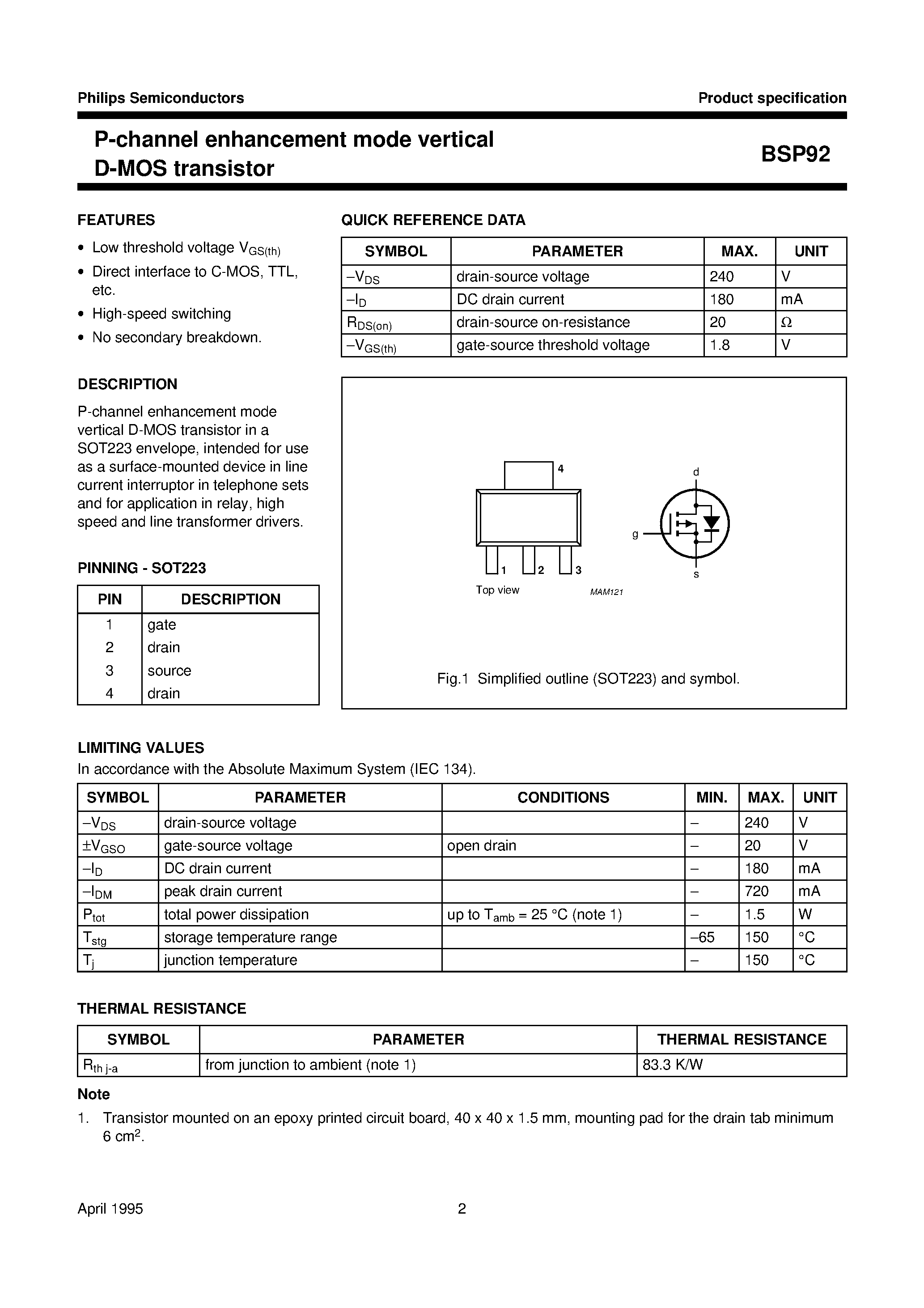 Datasheet BSP92 page 2 Datasheet BSP92 - P-channel enhancement mode vertical D-MOS transistor page 2