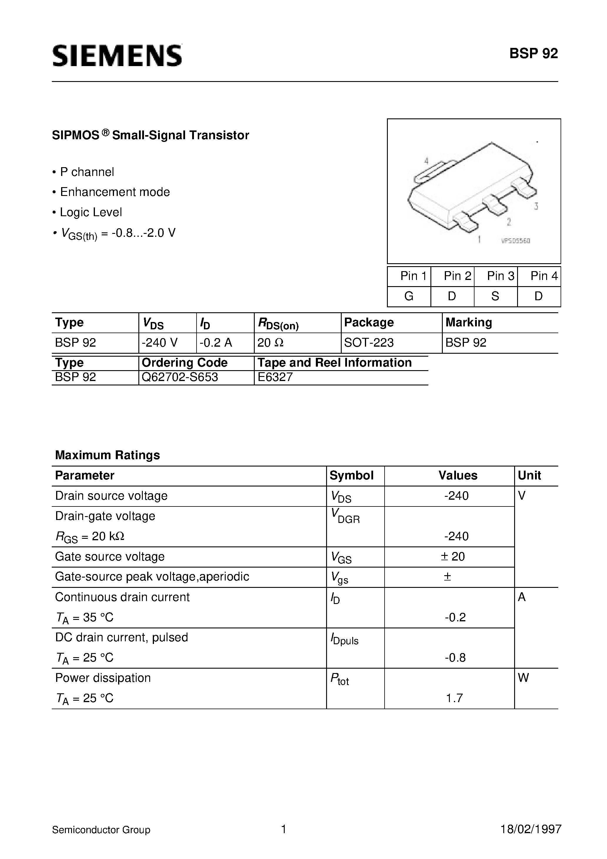 Даташит BSP92 - SIPMOS Small-Signal Transistor (P channel Enhancement mode Logic Level) страница 1