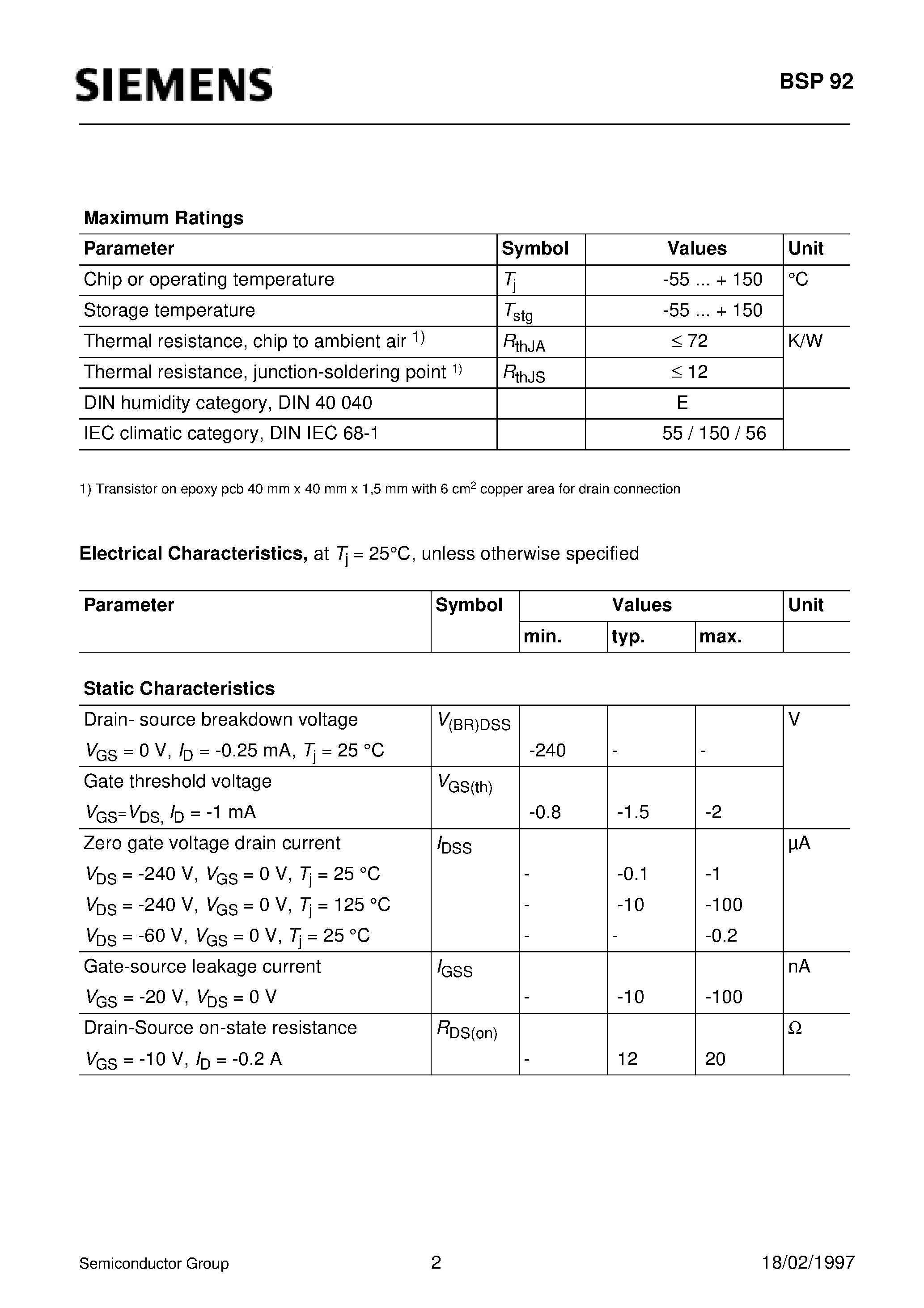 Даташит BSP92 - SIPMOS Small-Signal Transistor (P channel Enhancement mode Logic Level) страница 2