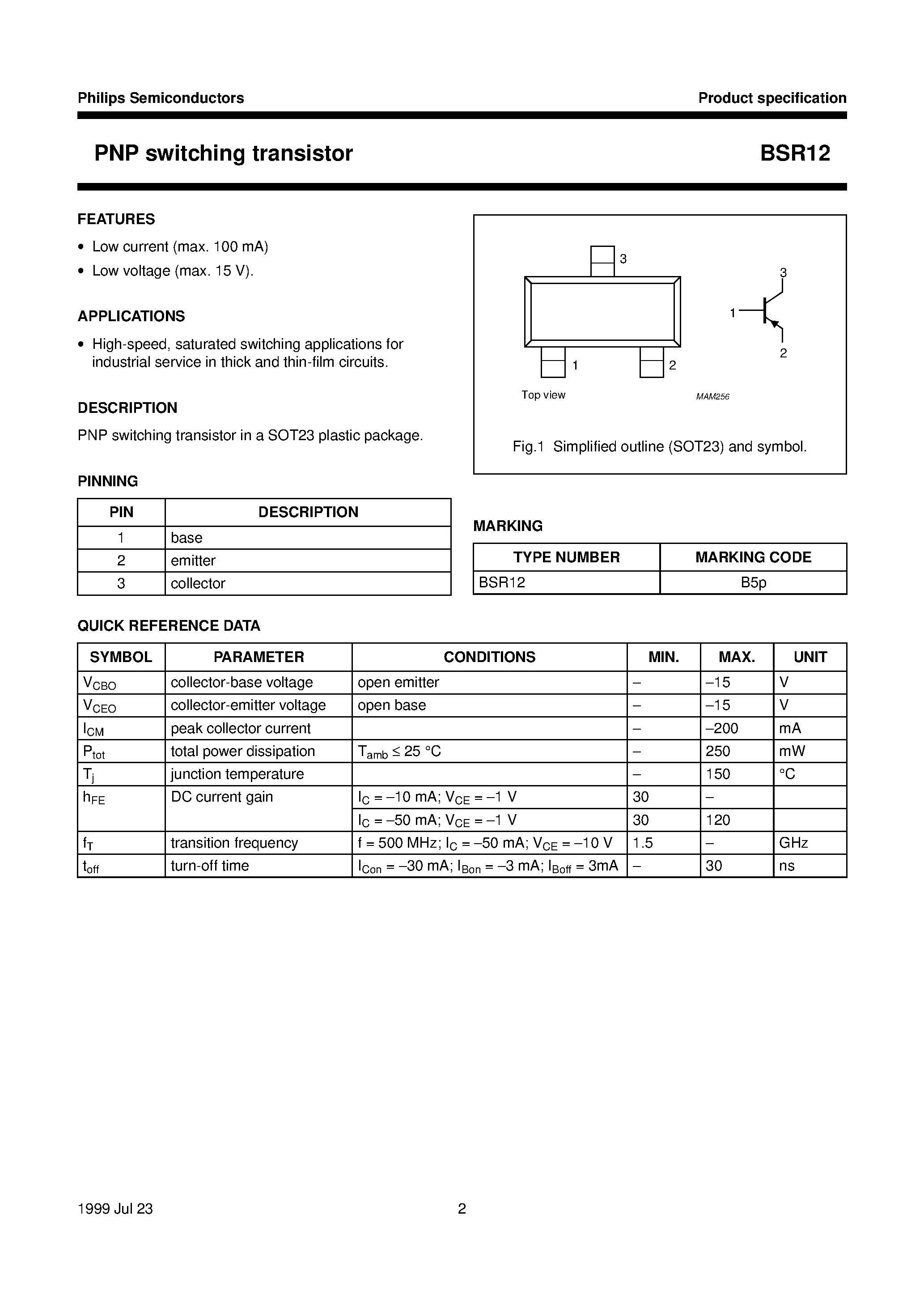 Даташит на микросхему BSR12 страница 2 Даташит BSR12 - PNP switching transistor страница 2