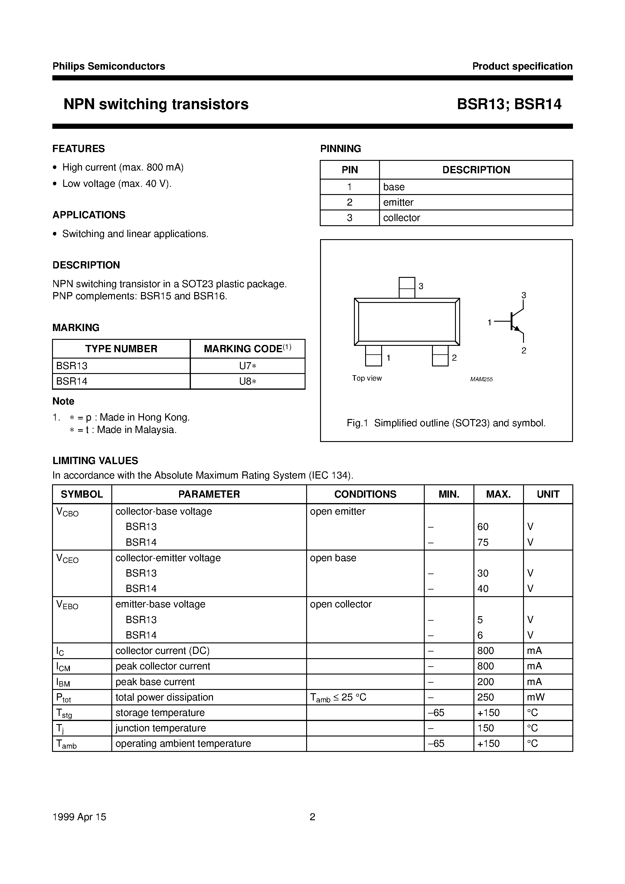 Даташит BSR14 - NPN switching transistors страница 2