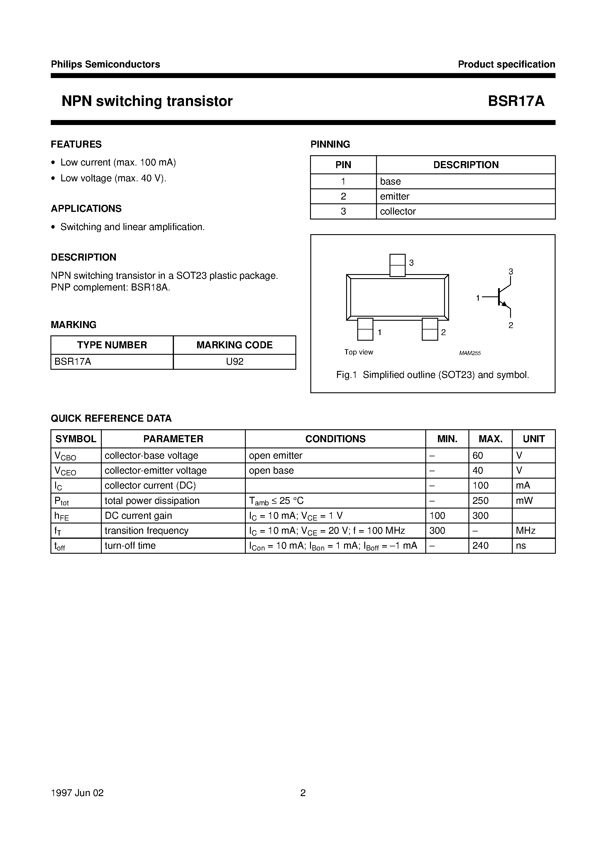 Даташит на микросхему BSR17A страница 2 Даташит BSR17A - NPN switching transistor страница 2