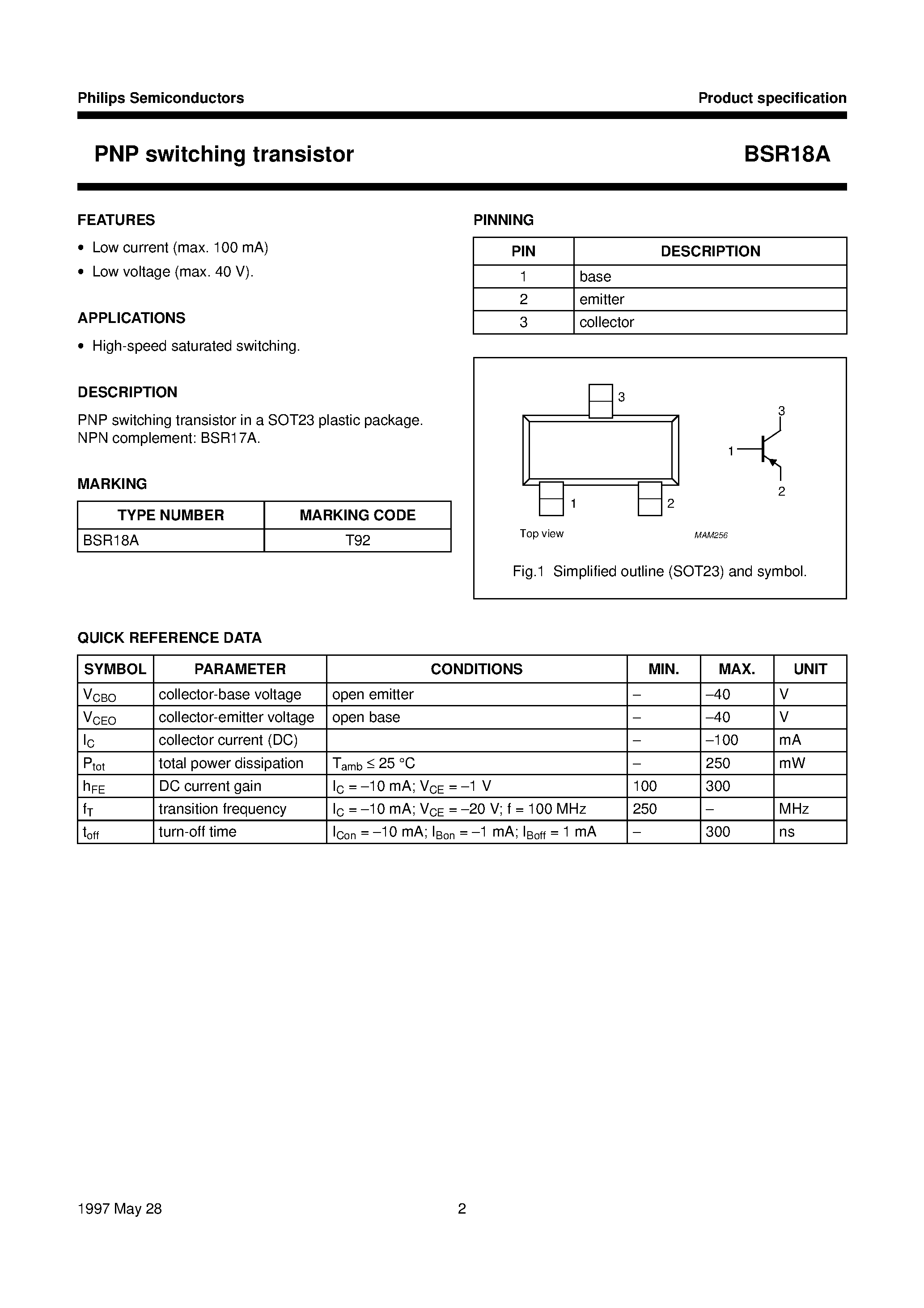 Даташит на микросхему BSR18 страница 2 Даташит BSR18 - PNP switching transistor страница 2