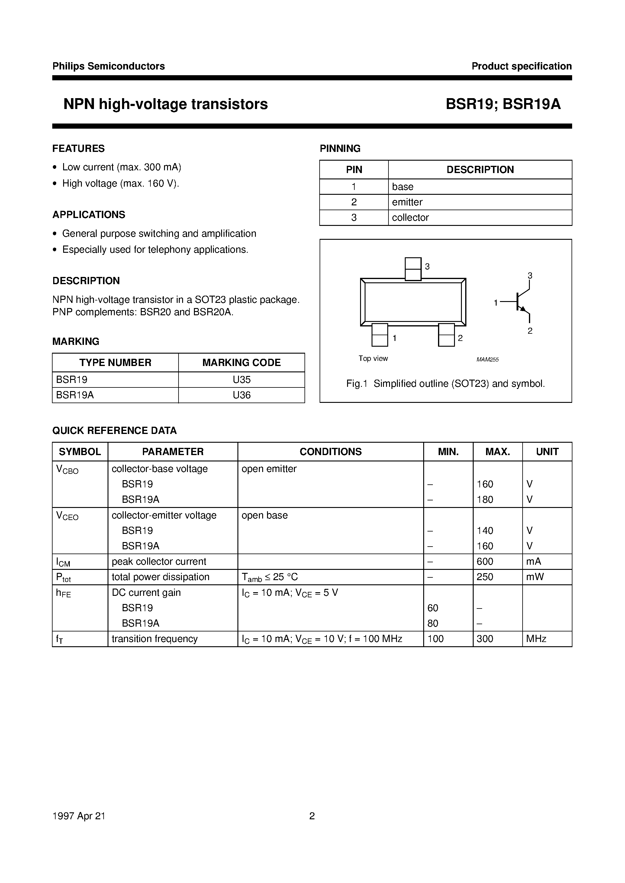 Даташит BSR19A - NPN high-voltage transistors страница 2