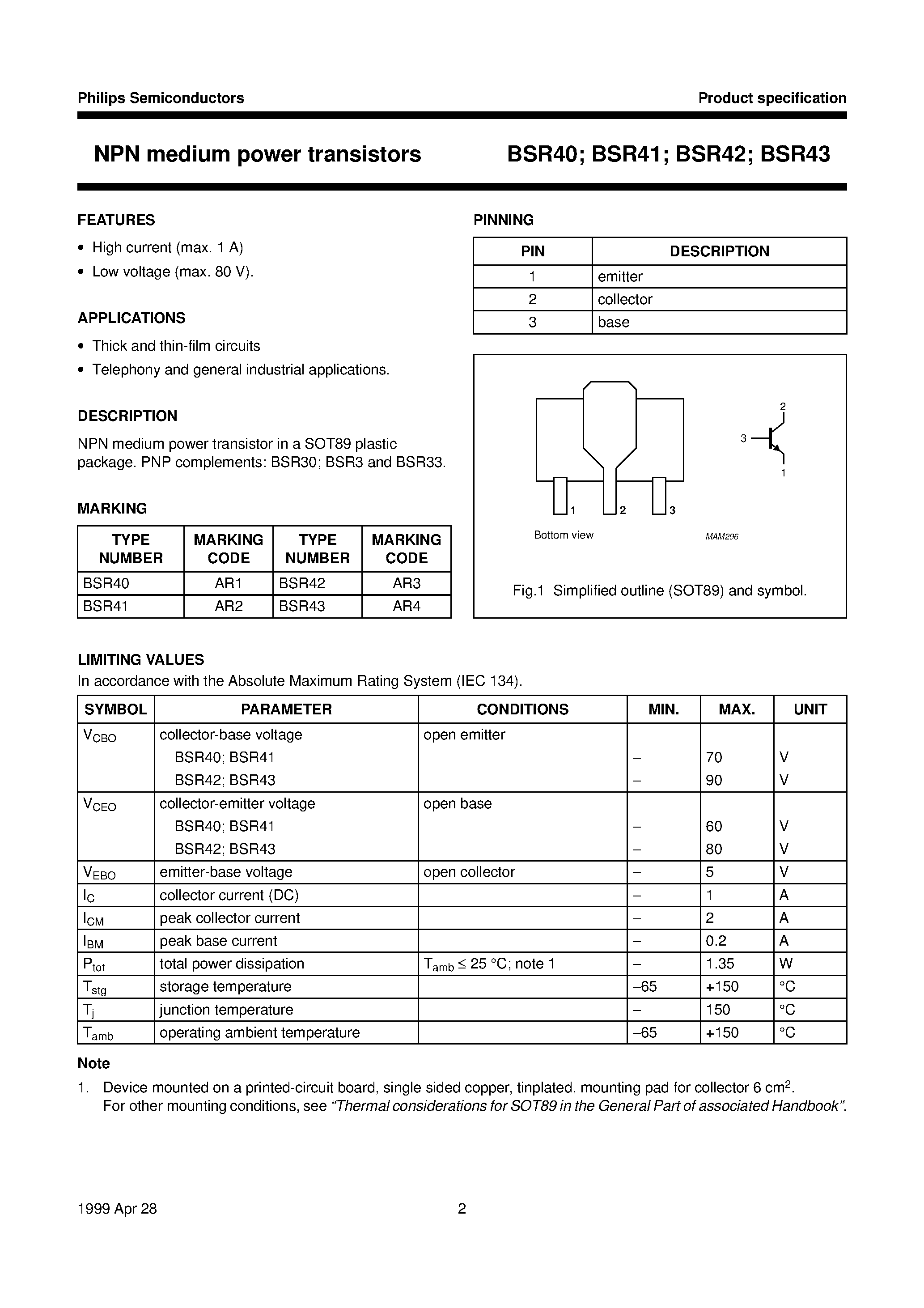 Даташит BSR41 - NPN medium power transistors страница 2