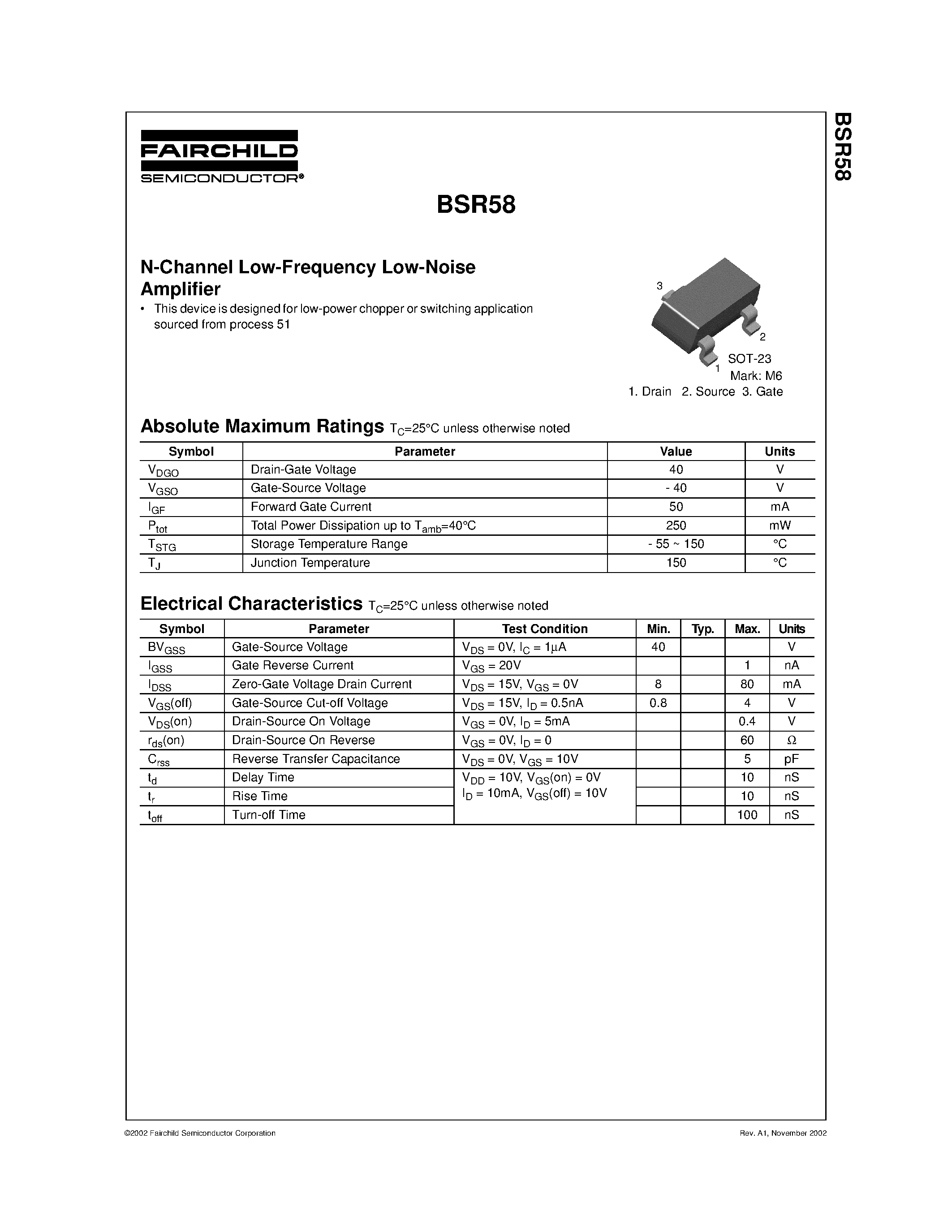Datasheet BSR58 - N-Channel Low-Frequency Low-Noise Amplifier page 1