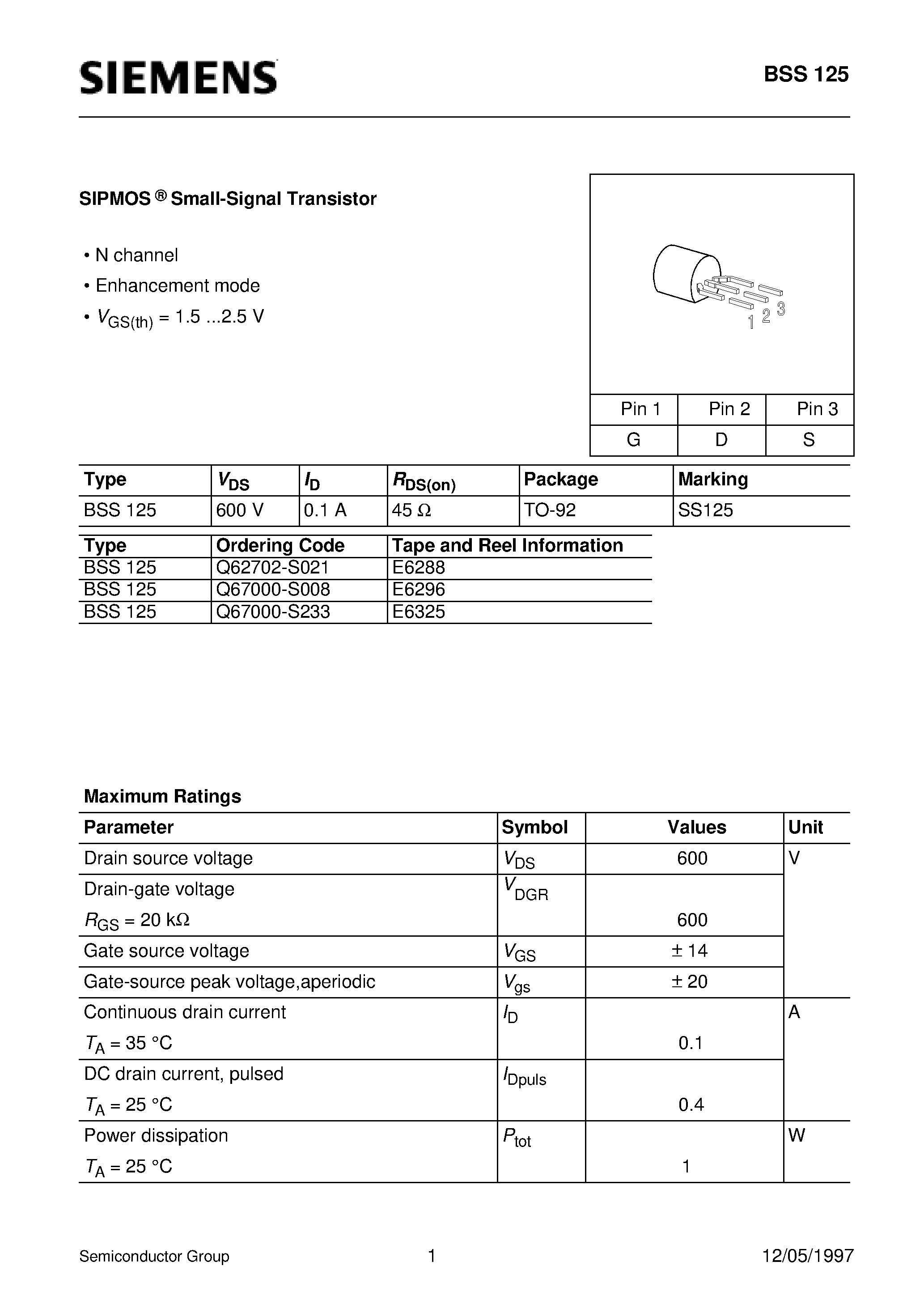 Даташит BSS125 - SIPMOS Small-Signal Transistor (N channel Enhancement mode) страница 1