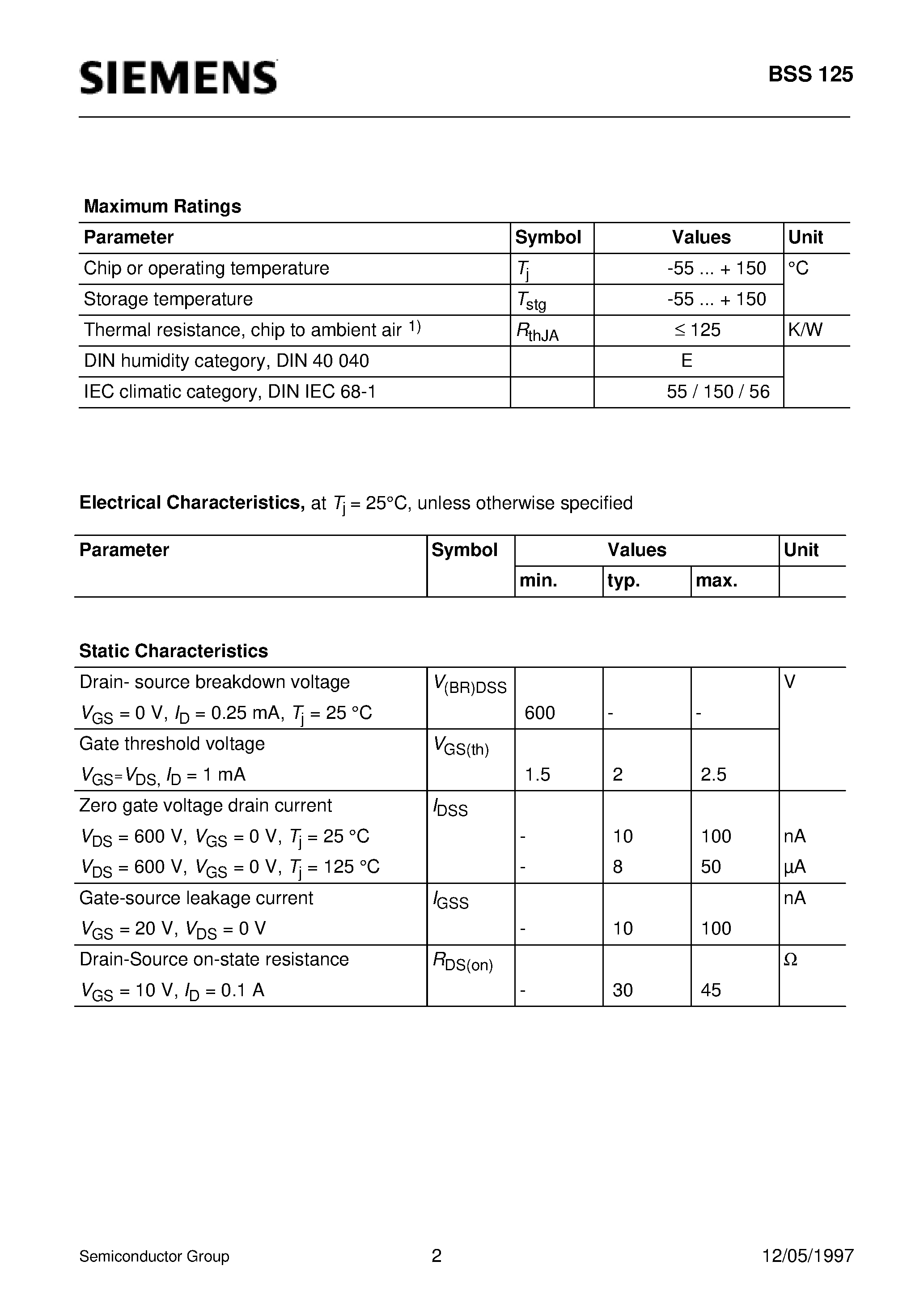 Даташит BSS125 - SIPMOS Small-Signal Transistor (N channel Enhancement mode) страница 2