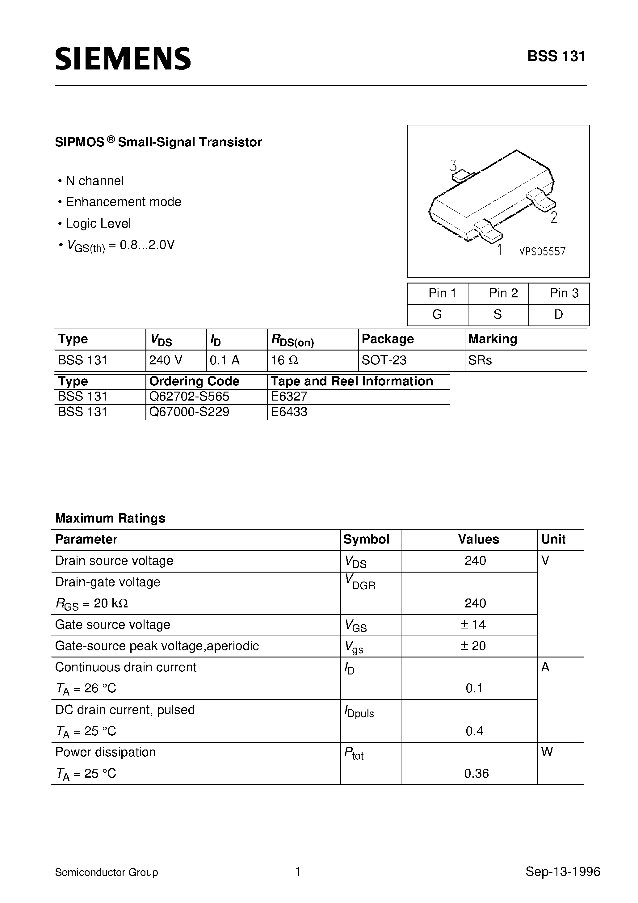 Даташит BSS131 - SIPMOS Small-Signal Transistor (N channel Enhancement mode Logic Level) страница 1