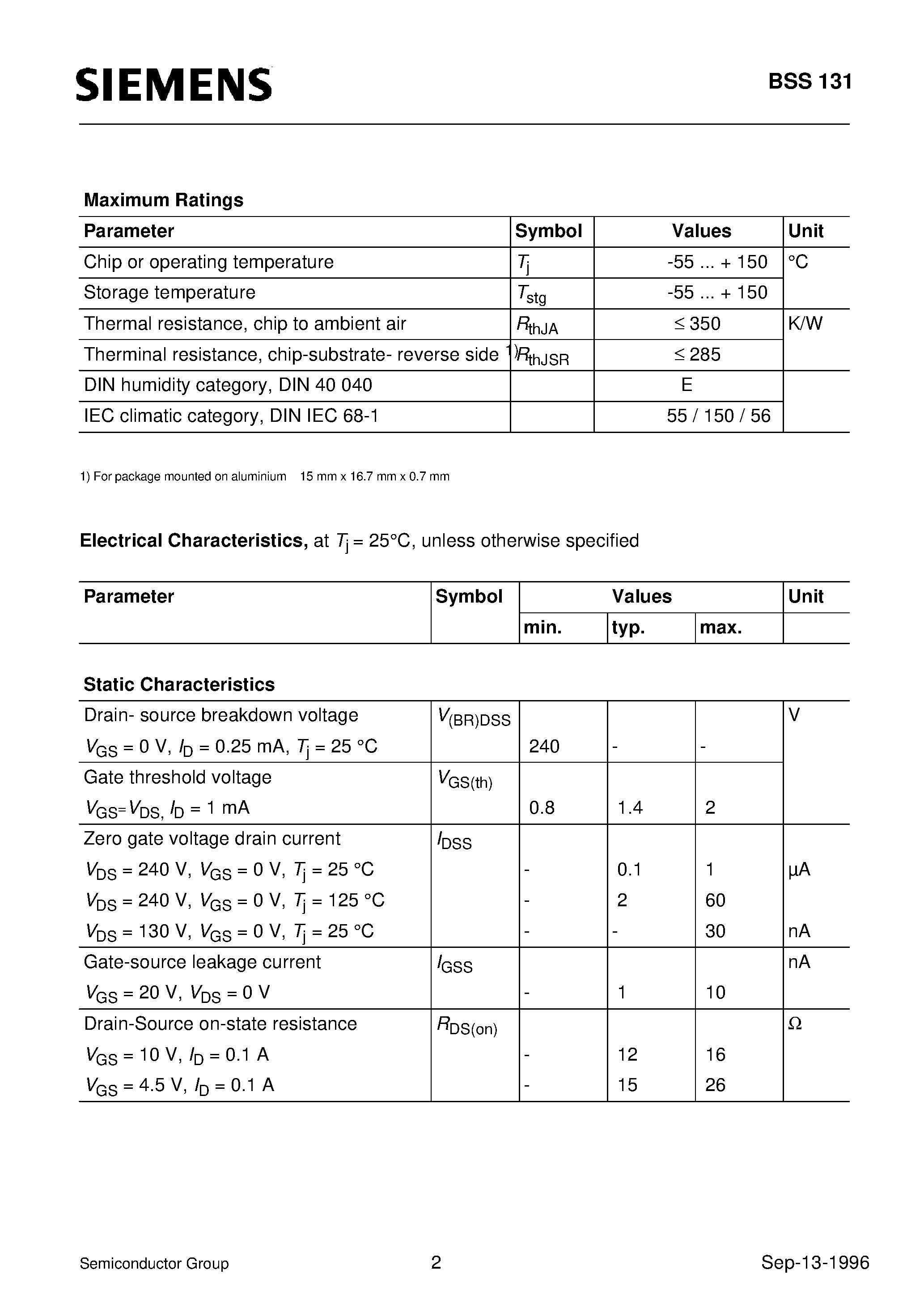 Даташит BSS131 - SIPMOS Small-Signal Transistor (N channel Enhancement mode Logic Level) страница 2