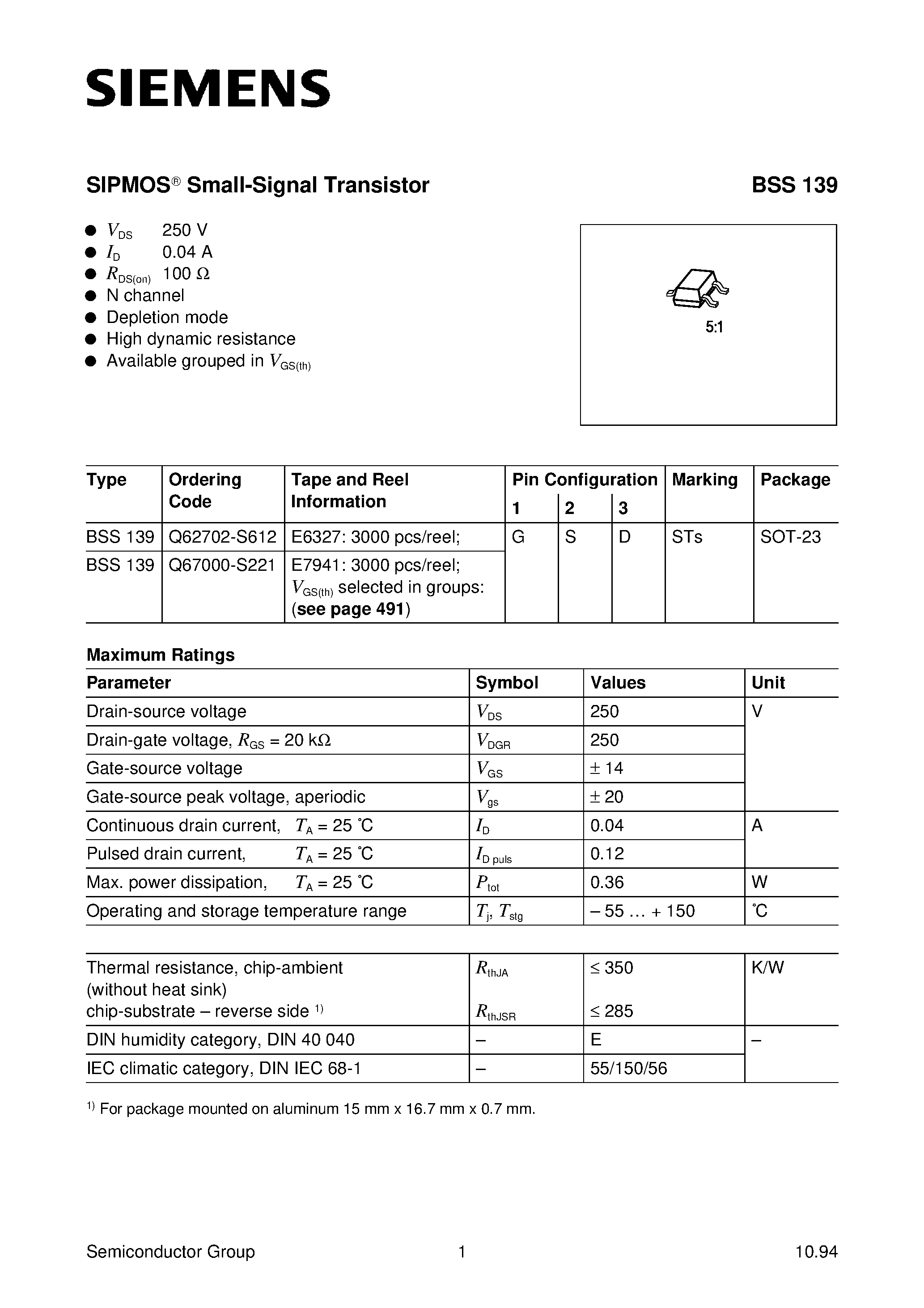 Datasheet BSS139 page 1 Datasheet BSS139 - SIPMOS Small-Signal Transistor (N channel Depletion mode High dynamic resistance) page 1
