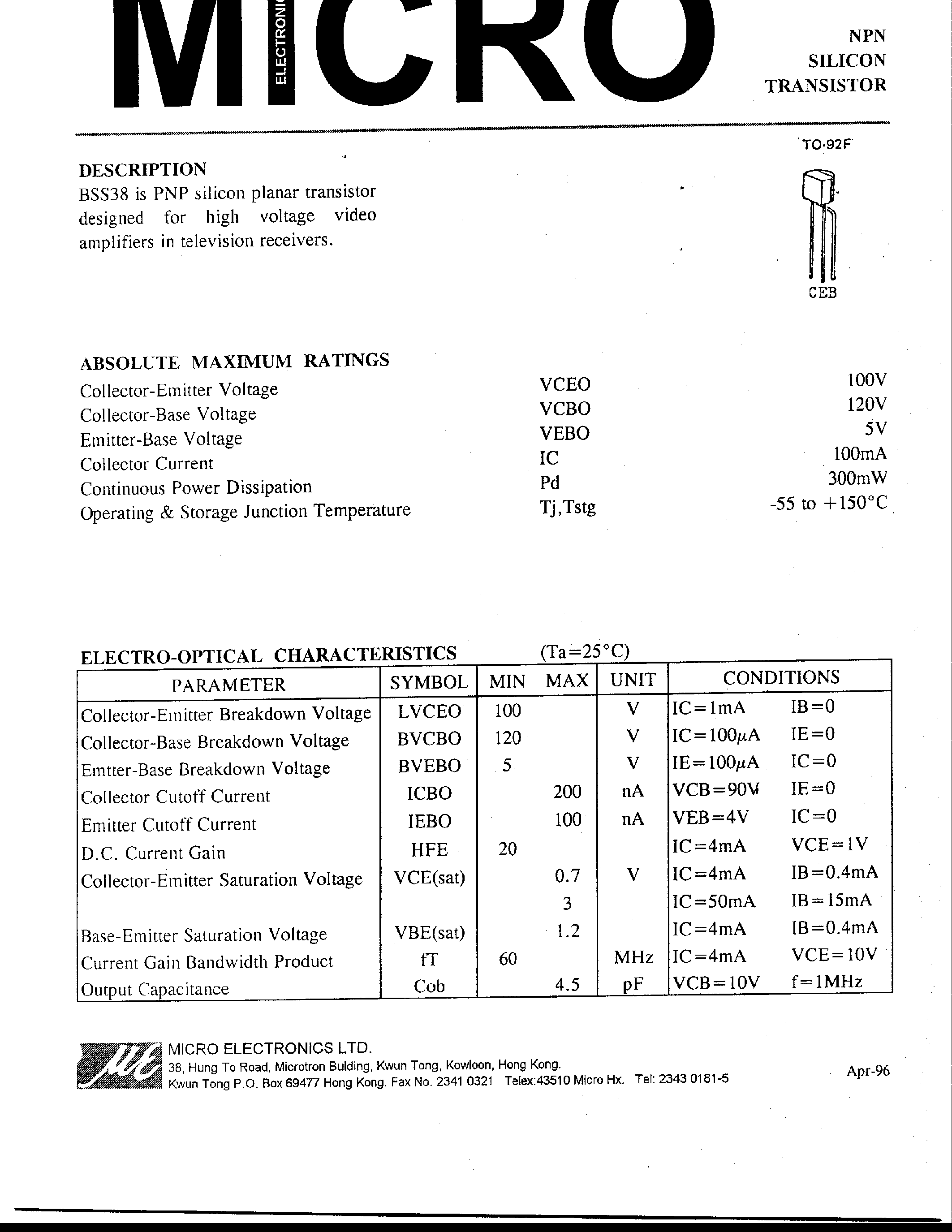 Даташит на микросхему BSS38 страница 1 Даташит BSS38 - NPN SILICON TRANSISTOR страница 1