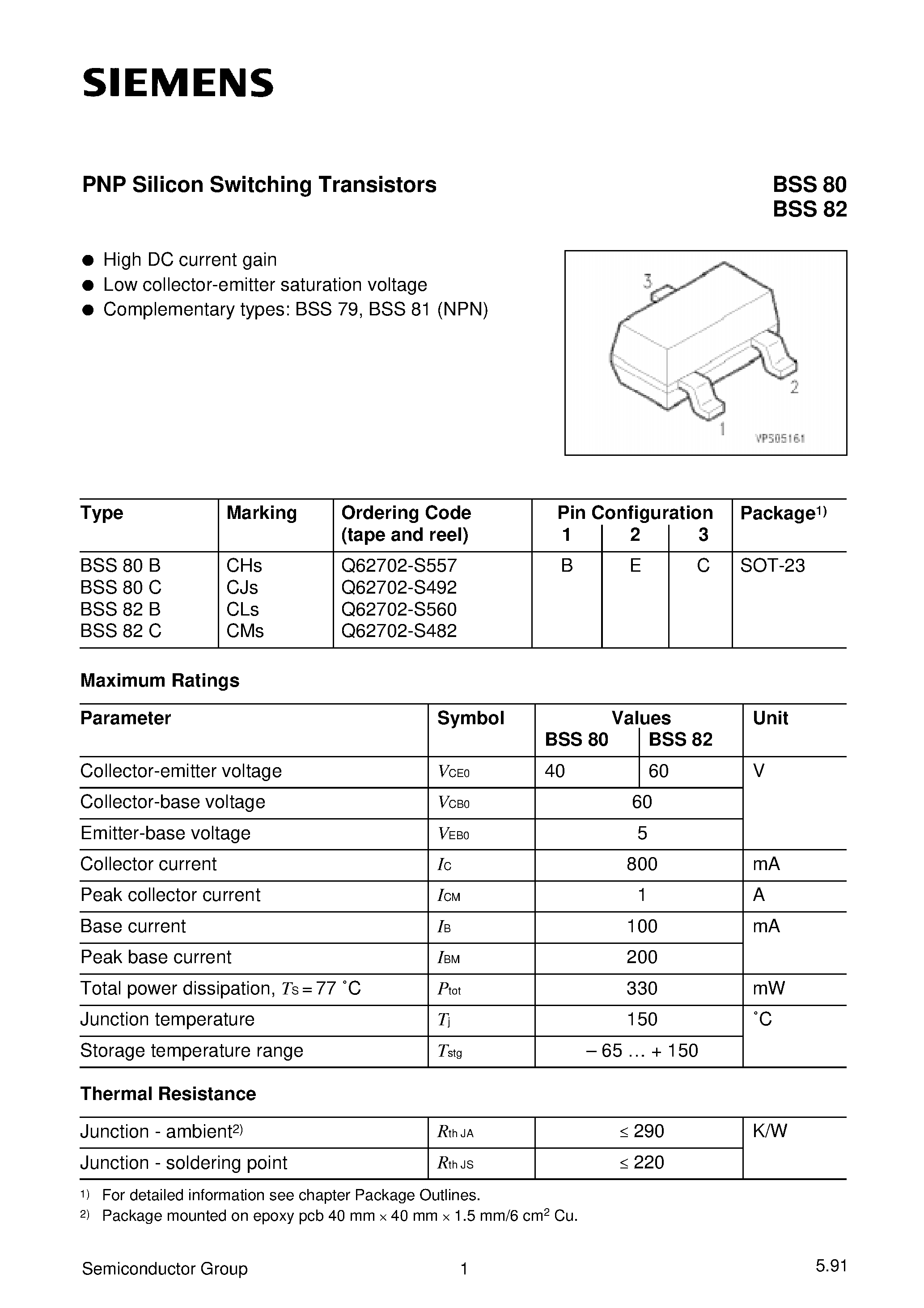 Datasheet BSS80B page 1 Datasheet BSS80B - PNP Silicon Switching Transistors (High DC current gain Low collector-emitter saturation voltage) page 1