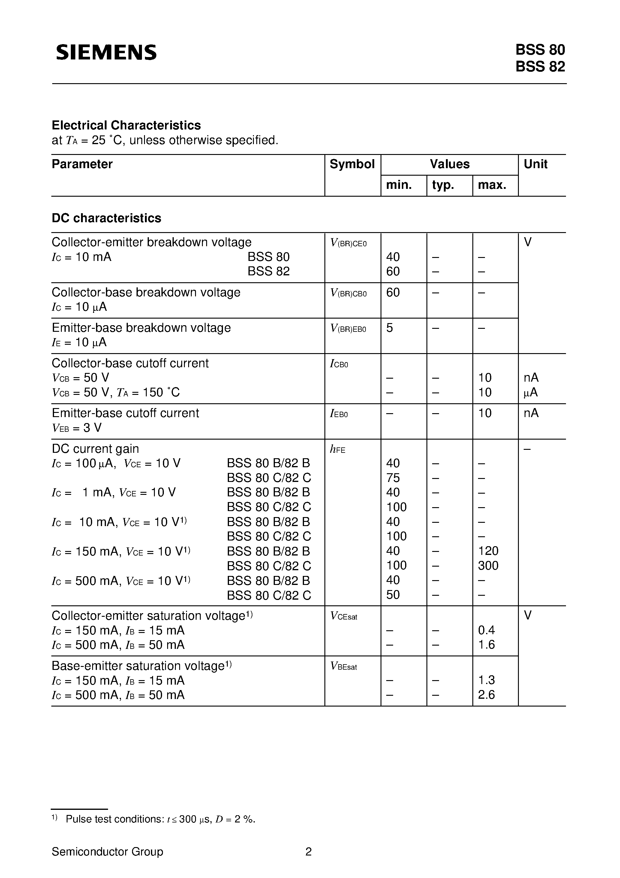 Datasheet BSS80B page 2 Datasheet BSS80B - PNP Silicon Switching Transistors (High DC current gain Low collector-emitter saturation voltage) page 2