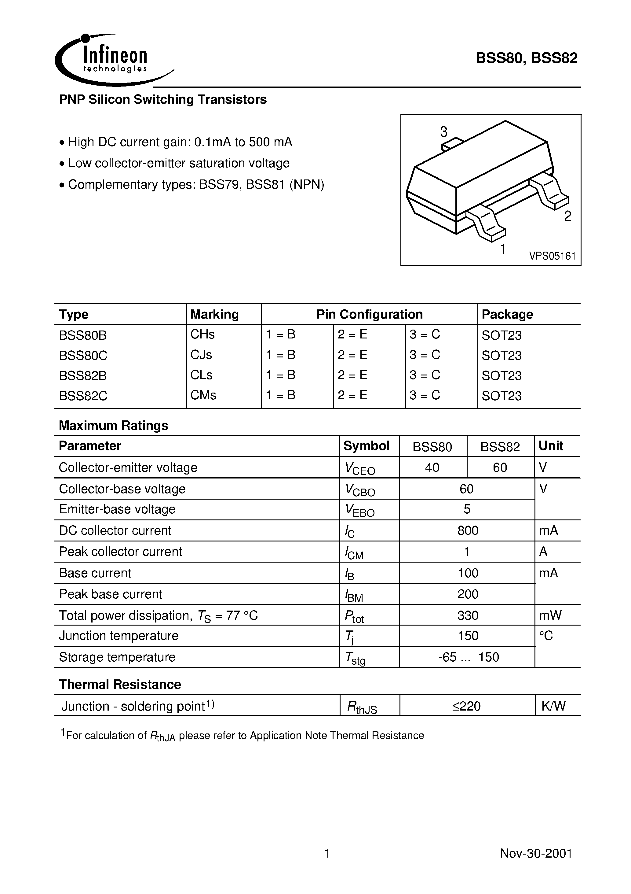 Datasheet BSS80C page 1 Datasheet BSS80C - PNP Silicon Switching Transistors page 1