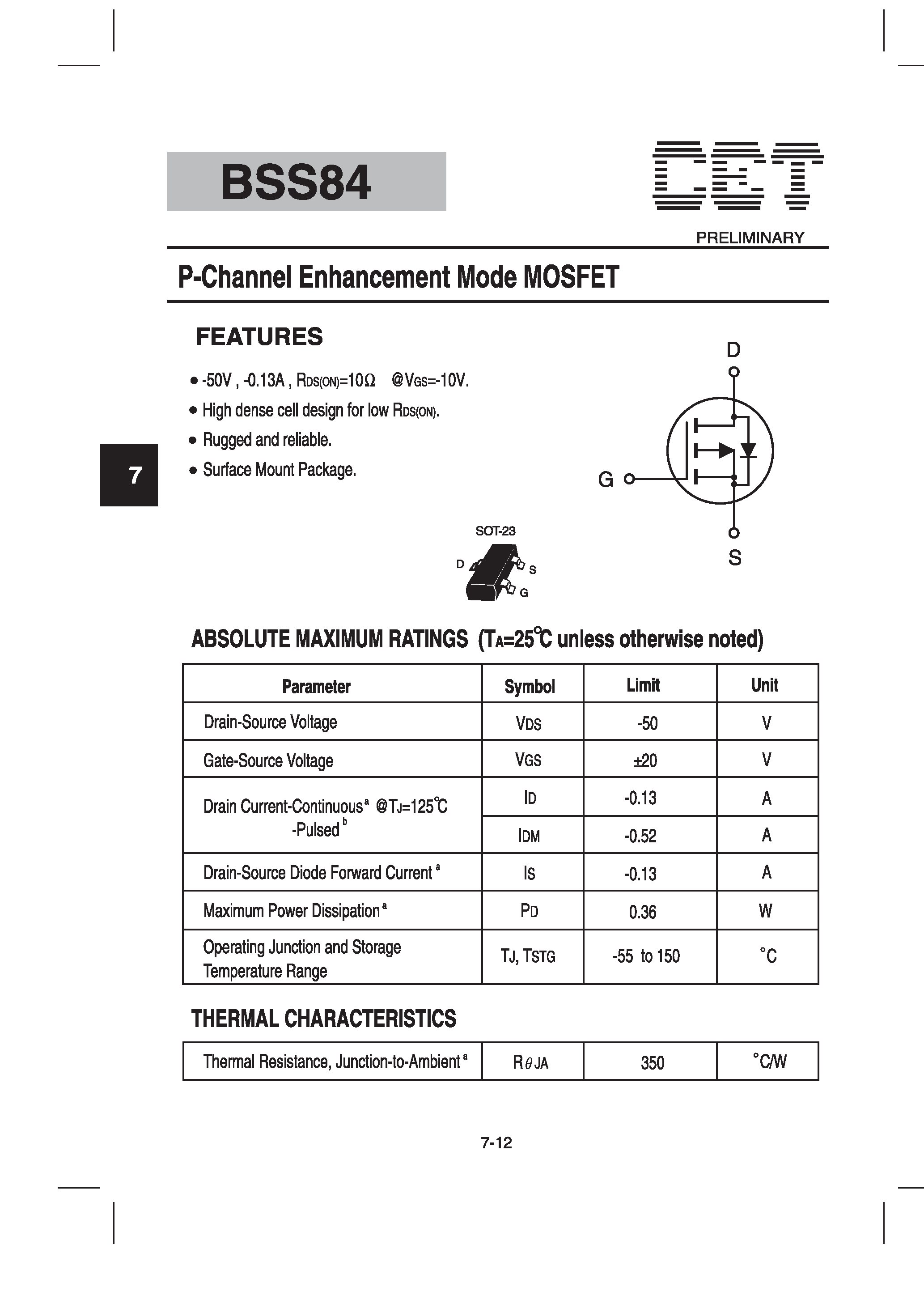 Datasheet BSS84 - P-Channel Enhancement Mode MOSFET page 1