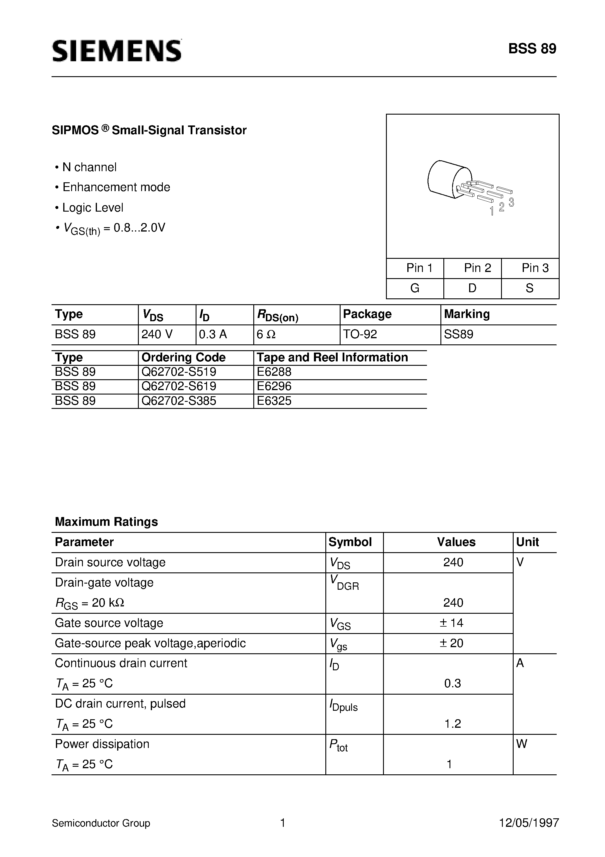 Datasheet BSS89 - SIPMOS Small-Signal Transistor (N channel Enhancement mode Logic Level) page 1