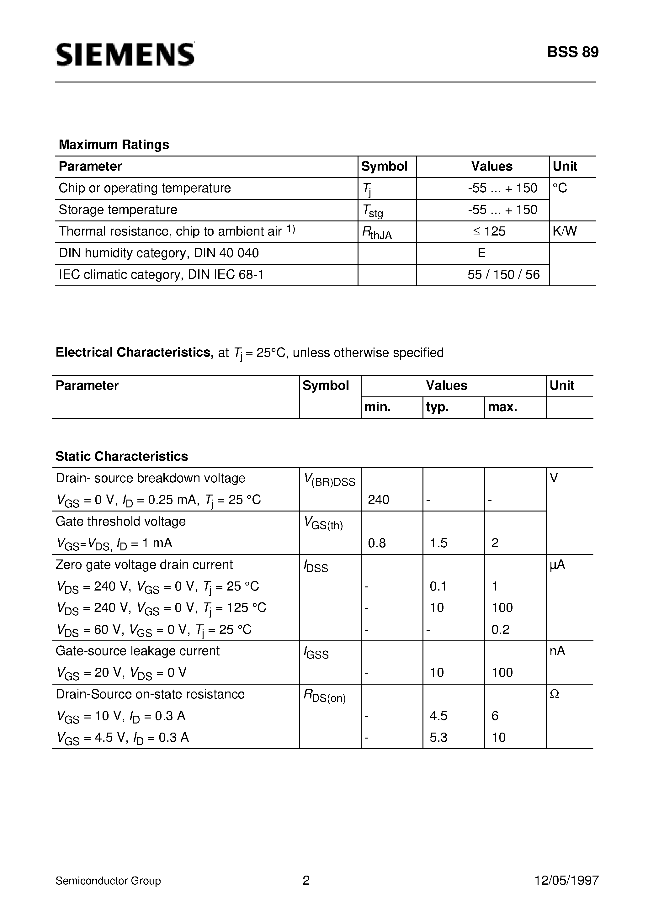 Datasheet BSS89 - SIPMOS Small-Signal Transistor (N channel Enhancement mode Logic Level) page 2